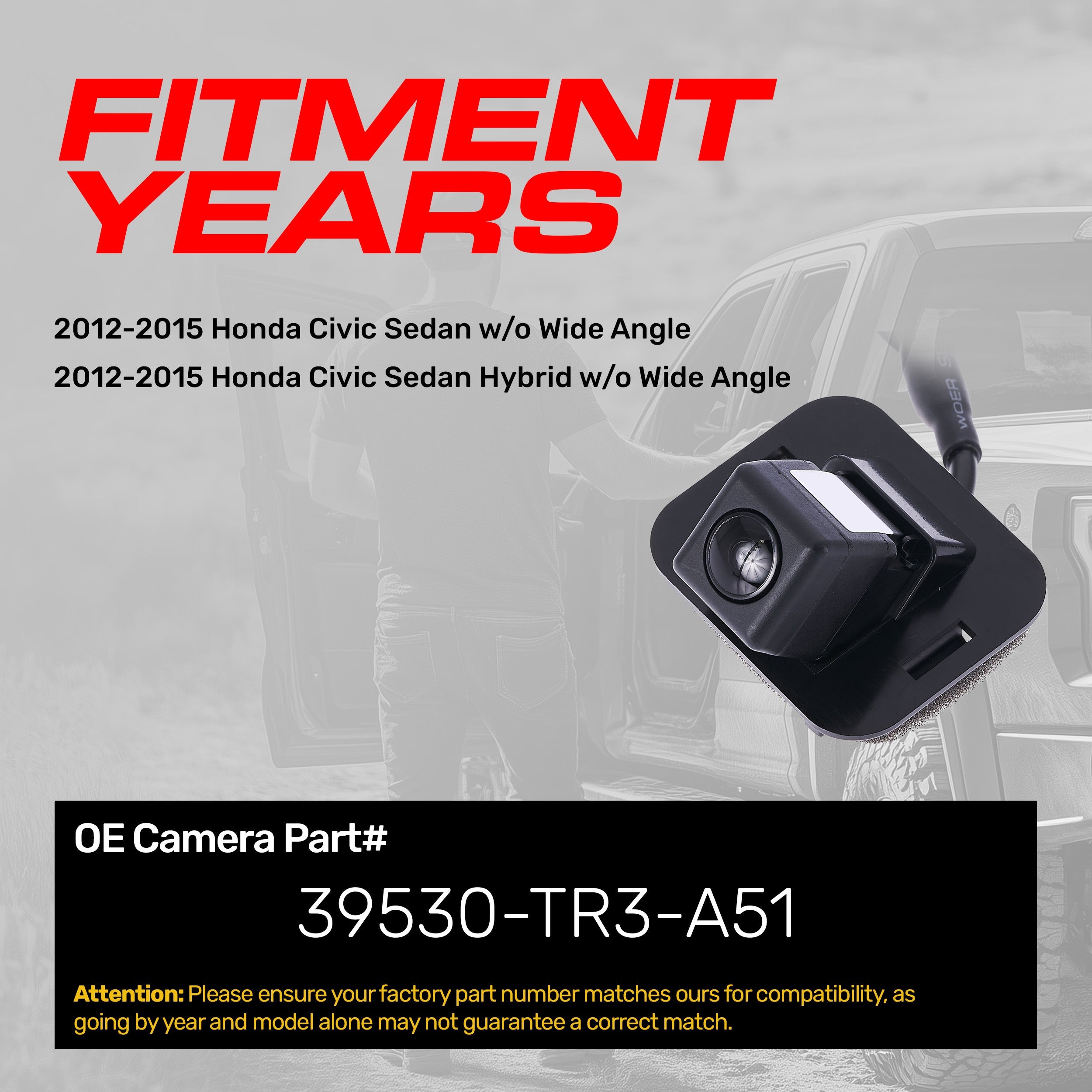 Honda Civic Sedan + Hybrid w/o Wide Angle (2012-2015) OEM Replacement Backup Camera OE Part # 39530-TR3-A51