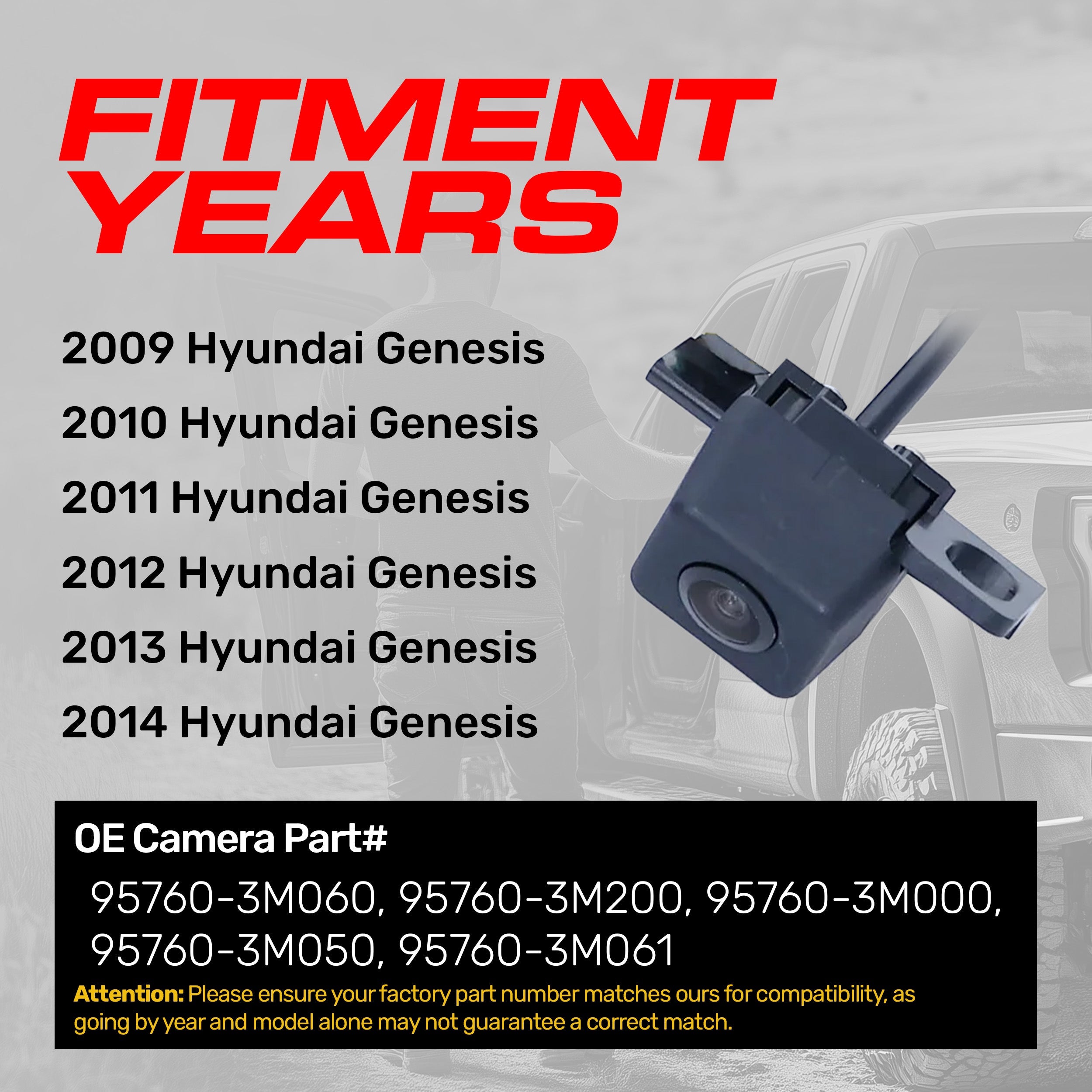 Hyundai Genesis (2009-2014) OEM Replacement Backup Camera OE Part # 95760-3M000, 95760-3M050, 95760-3M060, 95760-3M061, 95760-3M200