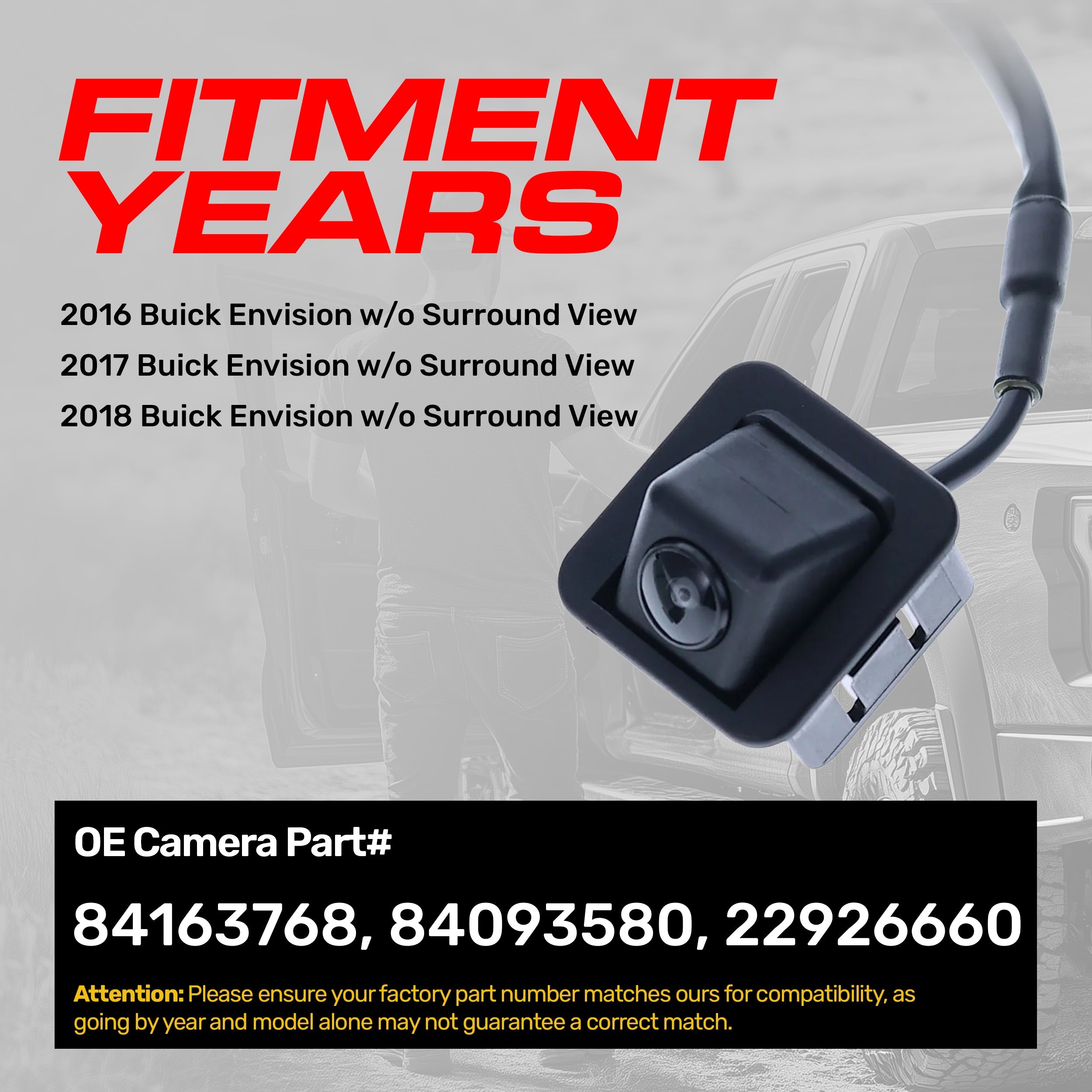 Buick Envision w/o Surround View (2016-2018) OEM Replacement Backup Camera OE Part # 84163768, 84093580, 22926660