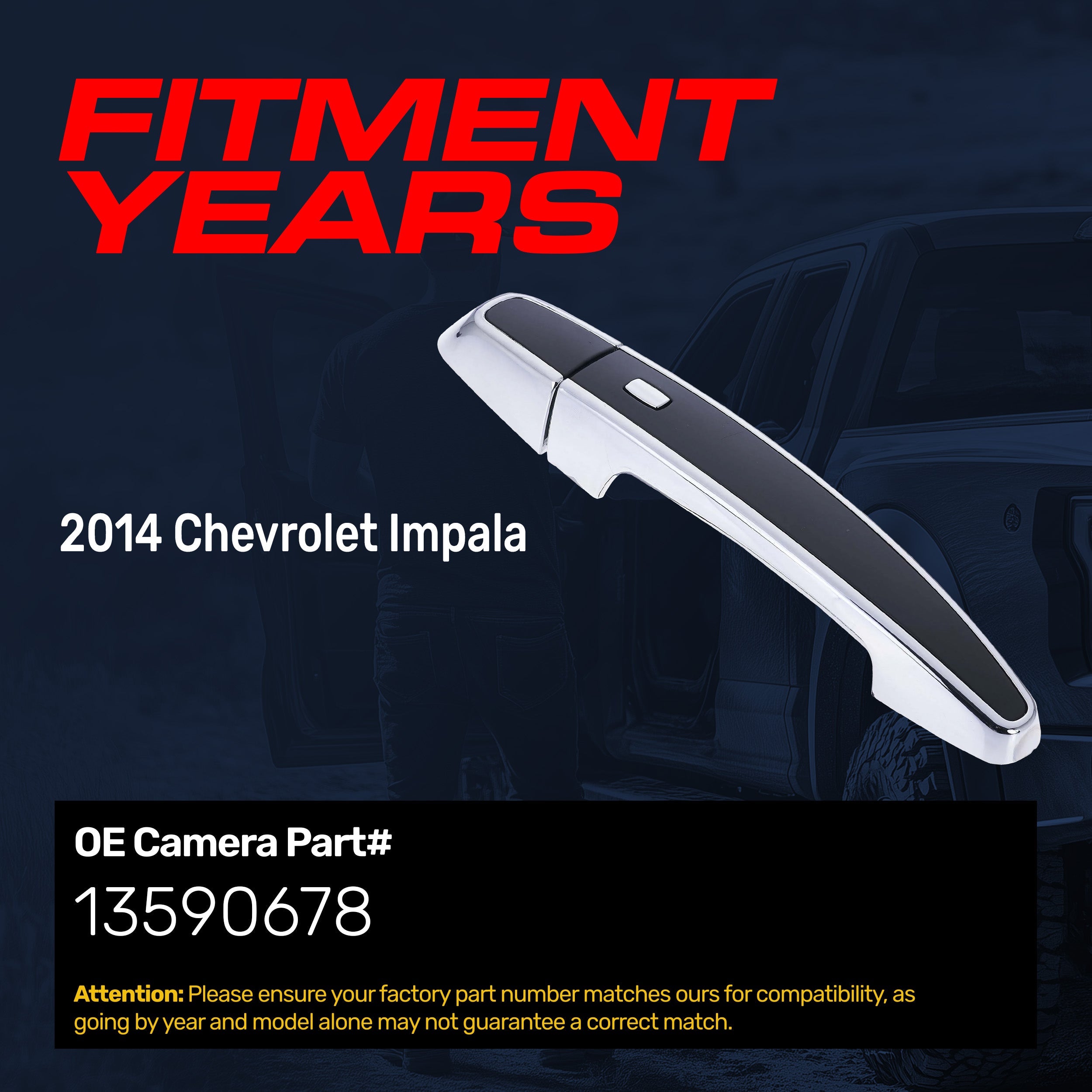 Exterior Door Handle Black/Chrome Replacement for Chevrolet Impala (2014) OE Part # 13590678 |  Front Left Driver Side