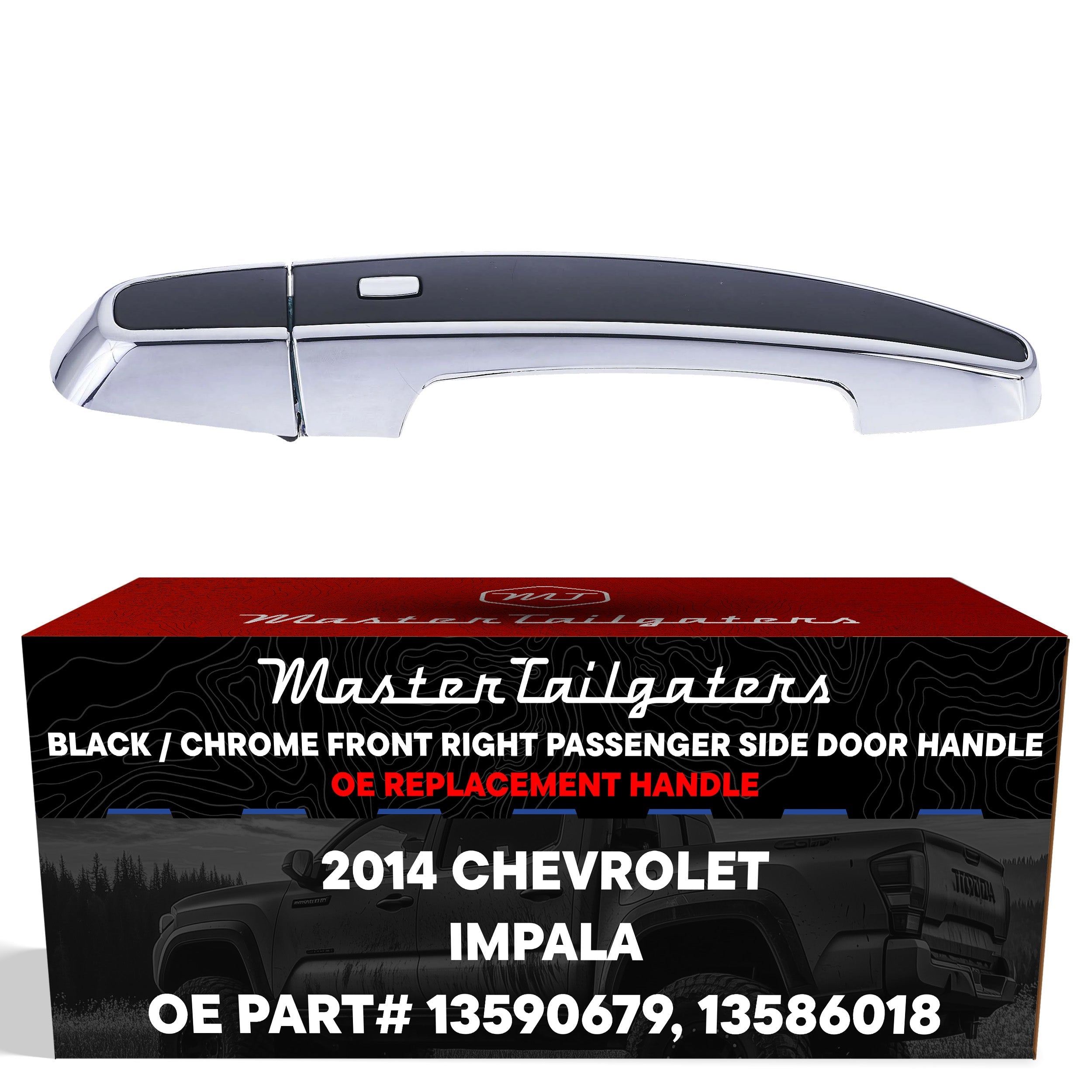 Exterior Door Handle Black/Chrome Replacement for Chevrolet Impala (2014) [LTZ Model, 4 Pin] | Front Right Passenger Side w/o Keyhole