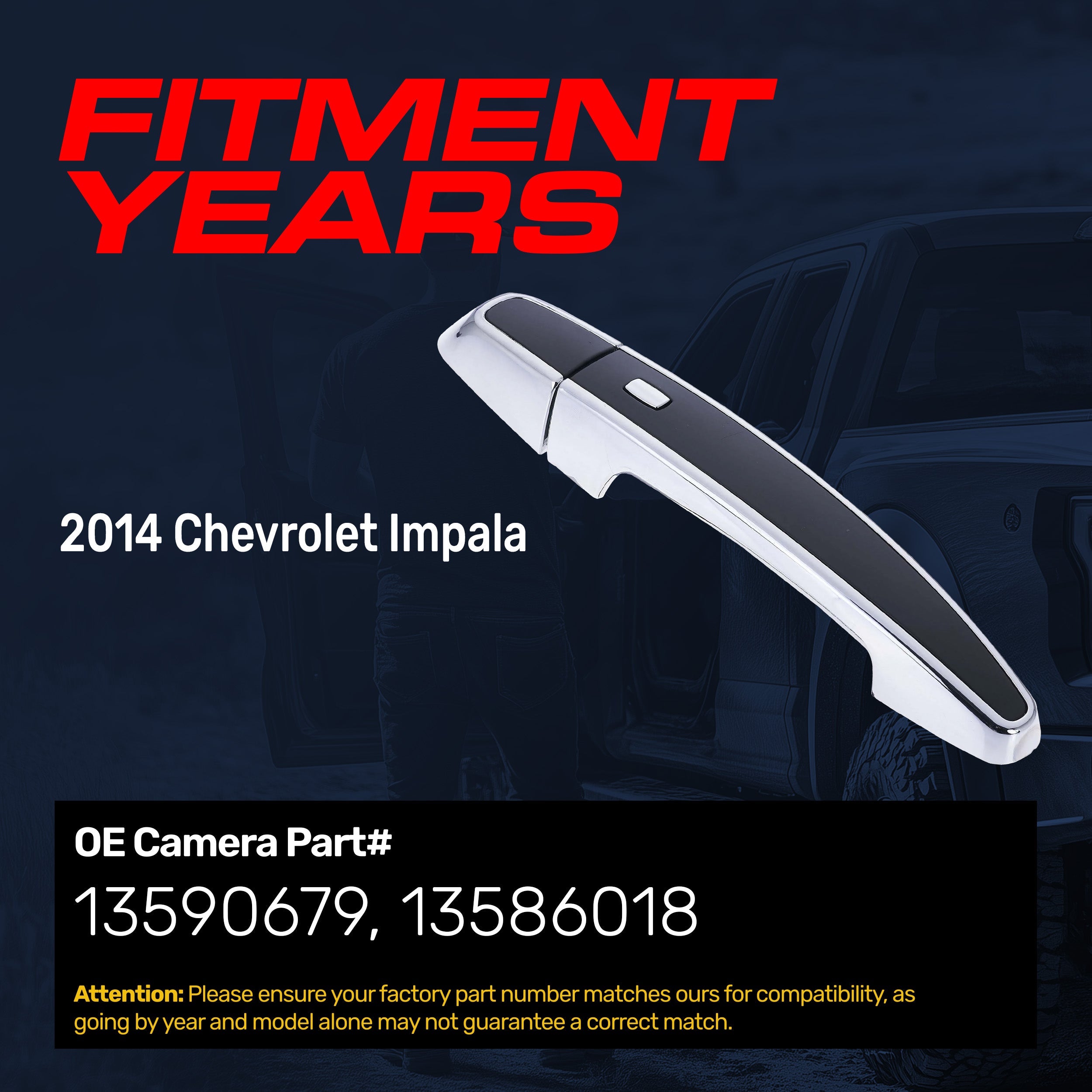 Exterior Door Handle Black/Chrome Replacement for Chevrolet Impala (2014) [LTZ Model, 4 Pin] | Front Right Passenger Side w/o Keyhole