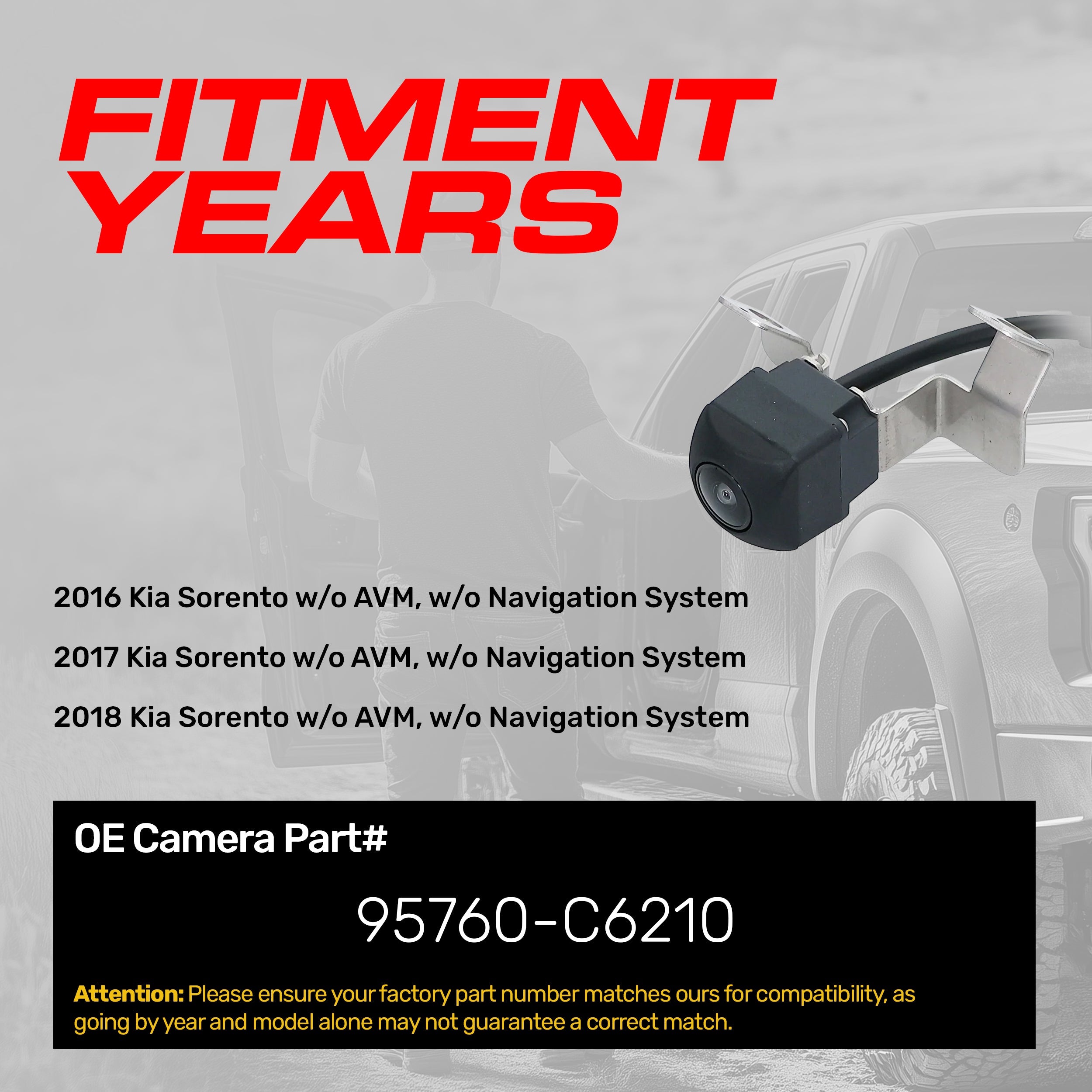 Kia Sorento w/o AVM, w/o Navigation System (2016-2018) OEM Replacement Backup Camera OE Part # 95760-C6210