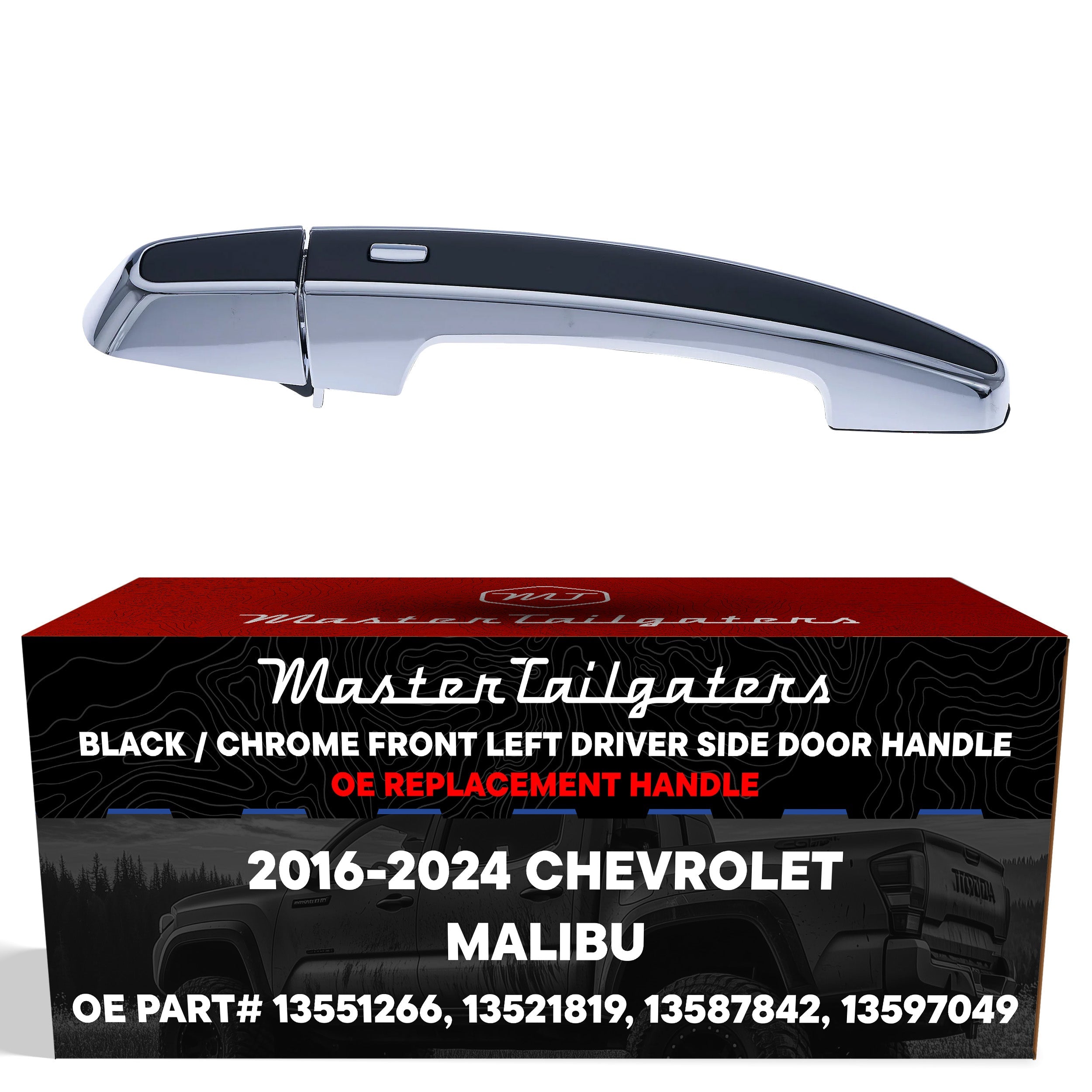 Exterior Door Handle Black/Chrome Replacement for Chevrolet Malibu (2016-2024) | Front Left Driver Side w/o Keyhole