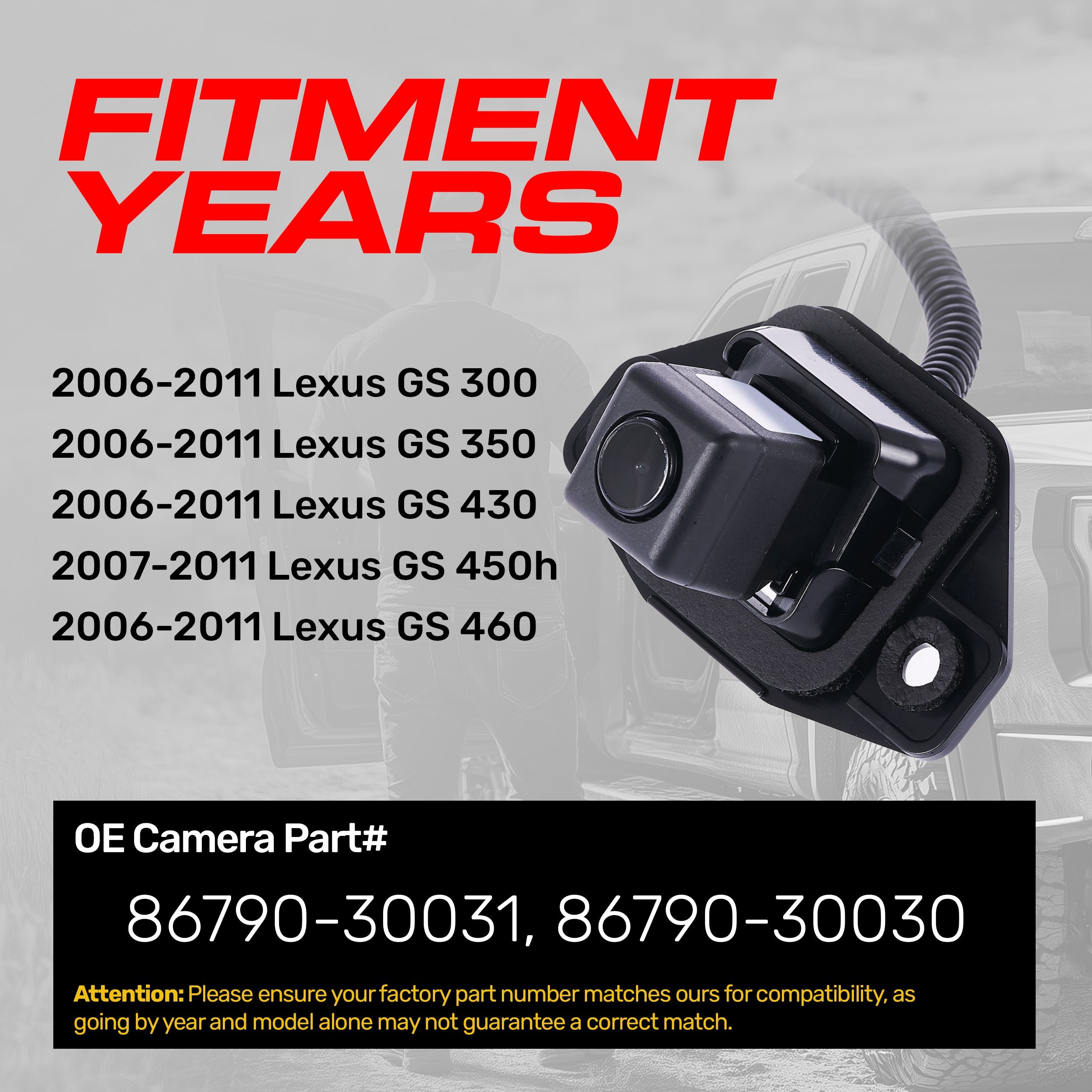 Lexus GS 300/350/430/460 (2006-2011), GS 450h (2007-2011) OEM Replacement Backup Camera OE Part # 86790-30030, 86790-30031
