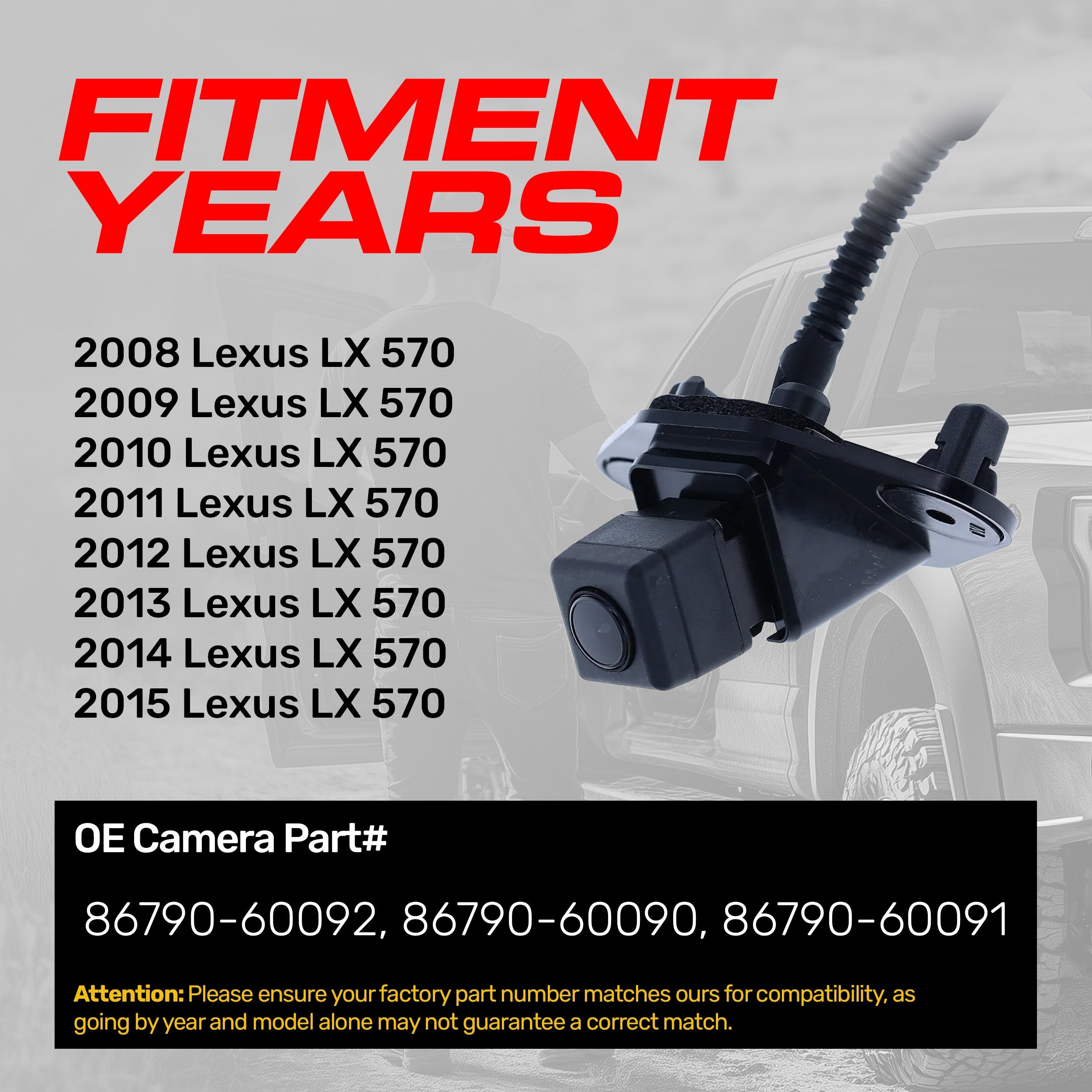Lexus LX 570 (2008-2015) OEM Replacement Backup Camera OE Part # 86790-60090, 86790-60091, 86790-60092