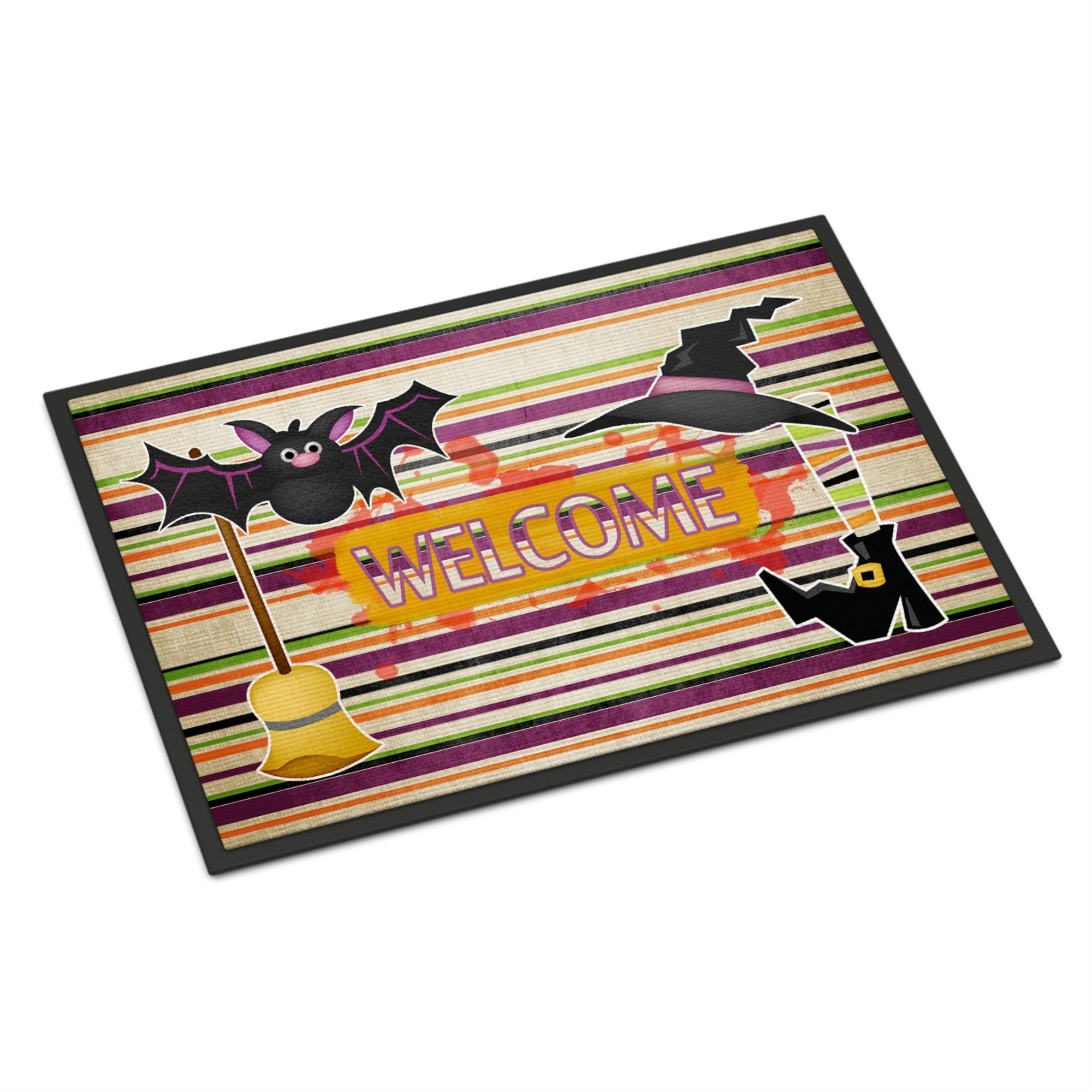 Witch Costume and Broom on Stripes Halloween Indoor or Outdoor Mat 24x36