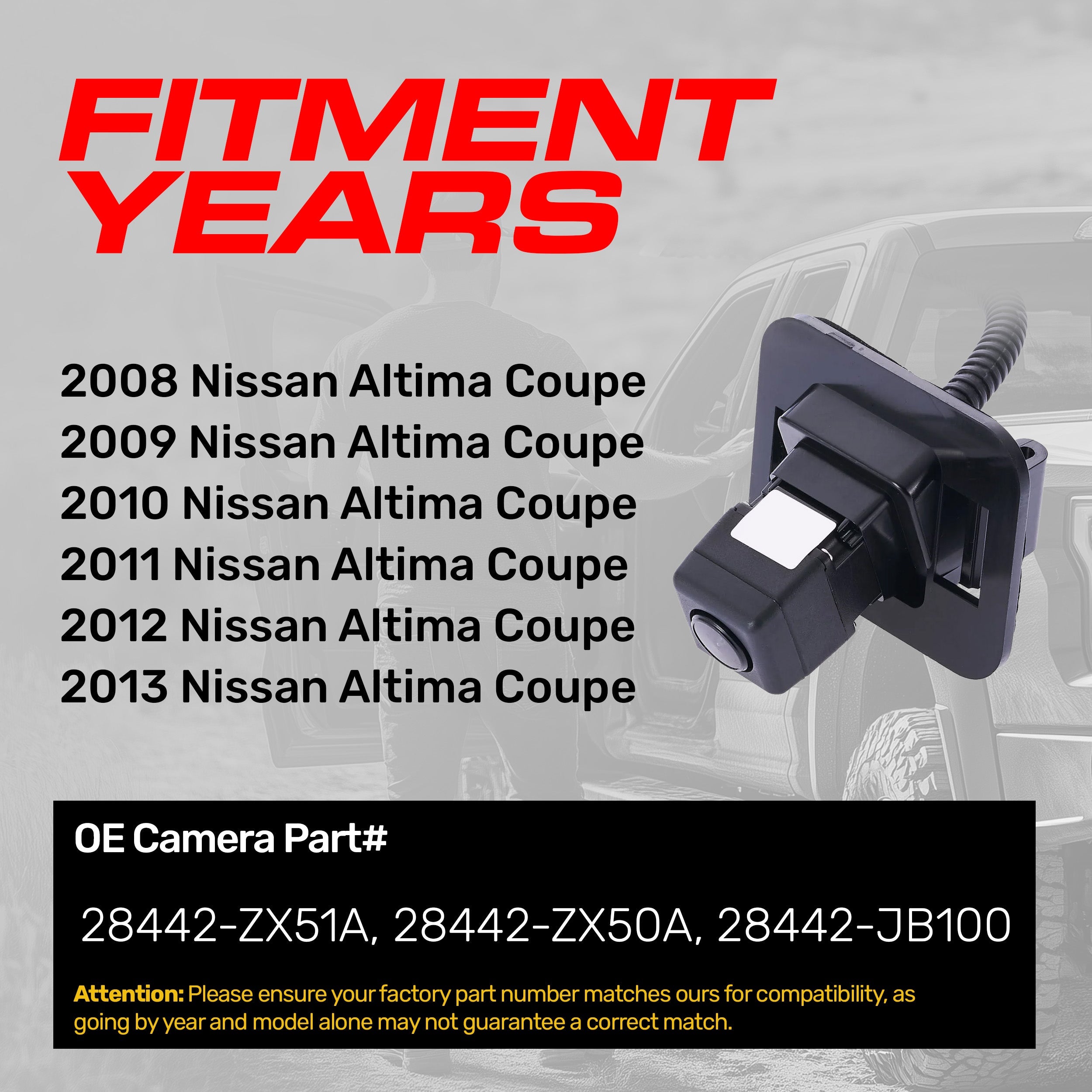 Nissan Altima Coupe (2008-2013) OEM Replacement Backup Camera OE Part # 28442-JB100, 28442-ZX50A, 28442-ZX51A