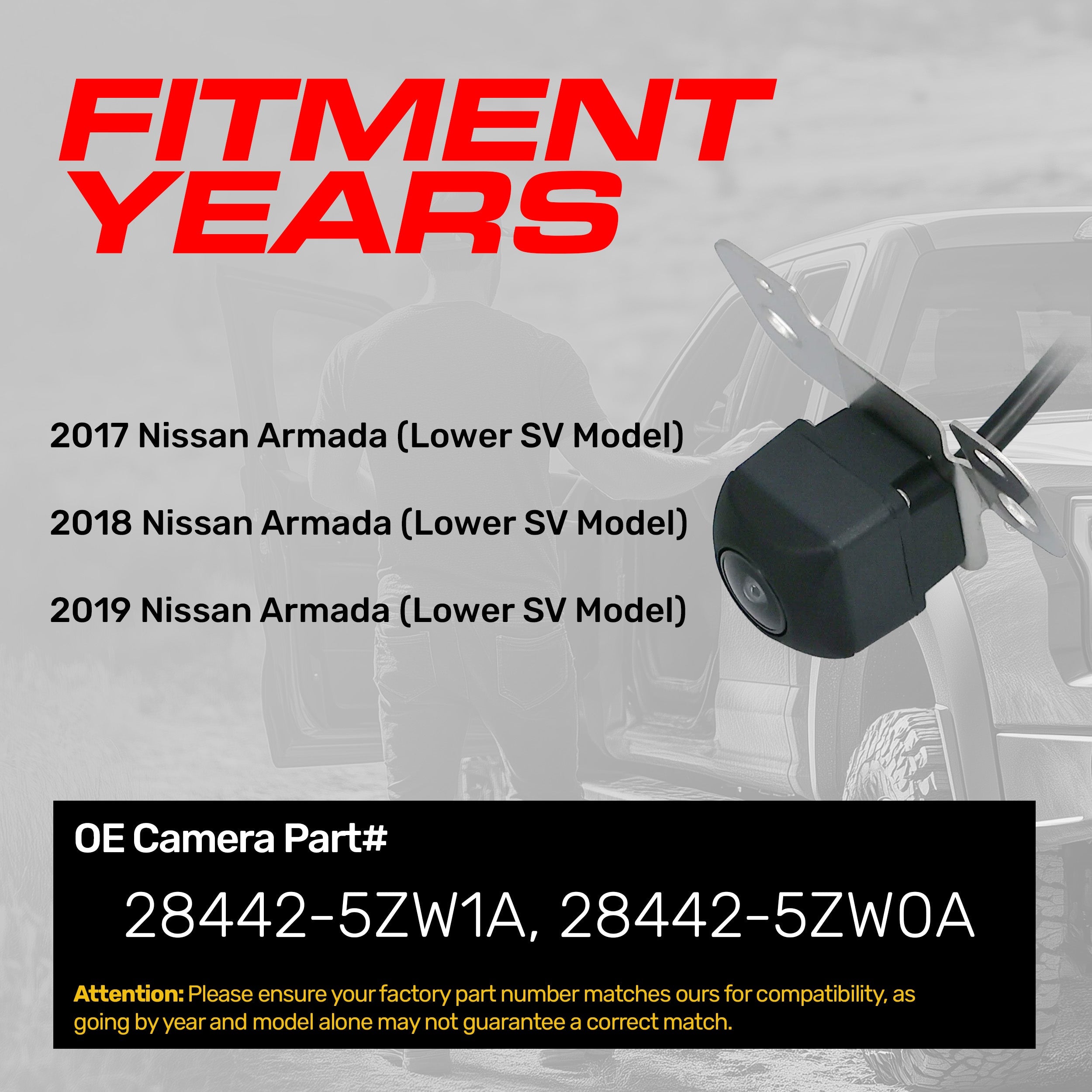 Nissan Armada Lower SV Model (2017-2019) OEM Replacement Backup Camera OE Part # 28442-5ZW0A, 28442-5ZW1A