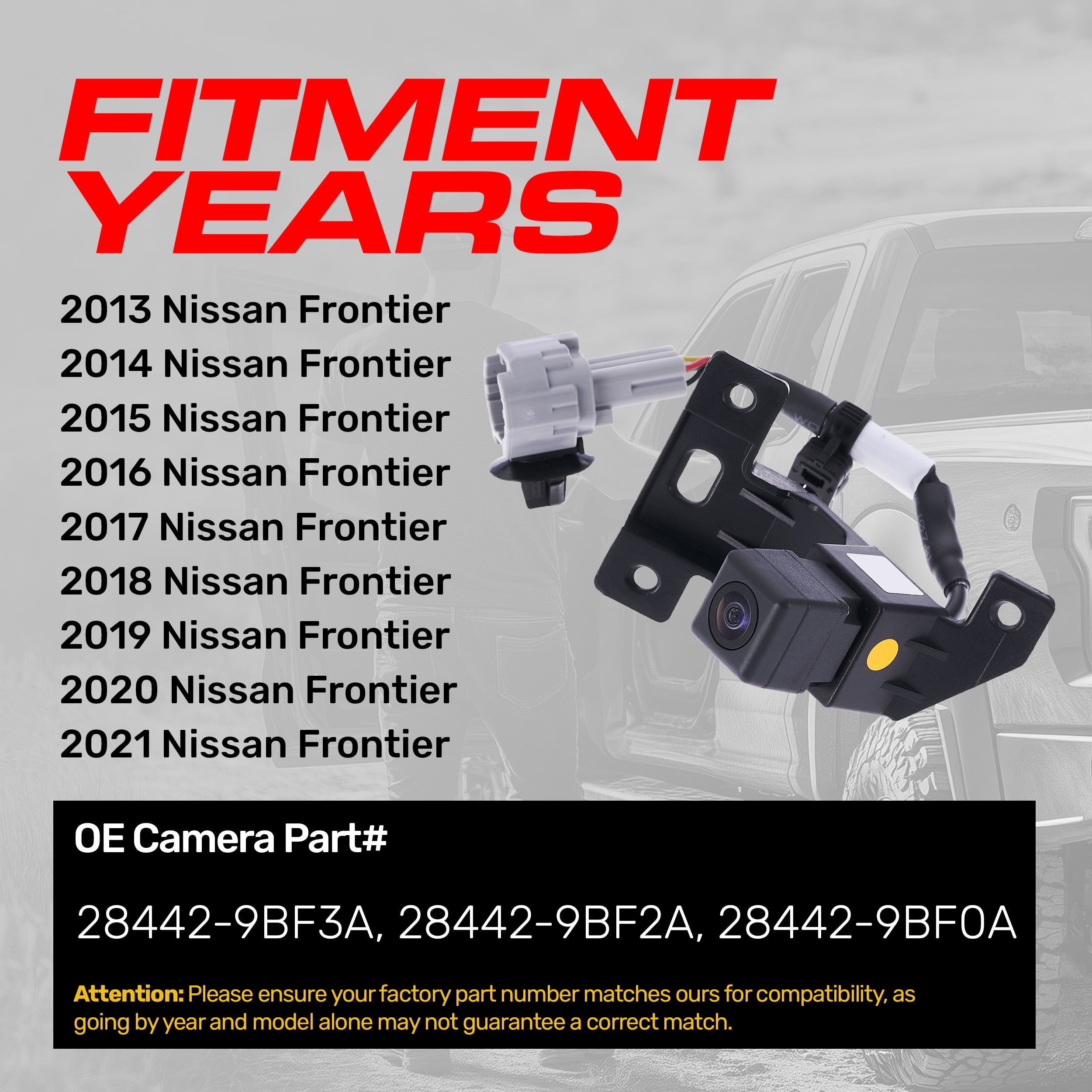Nissan Frontier (2013-2021) OEM Replacement Backup Camera OE Part # 28442-9BF0A, 28442-9BF2A, 28442-9BF3A
