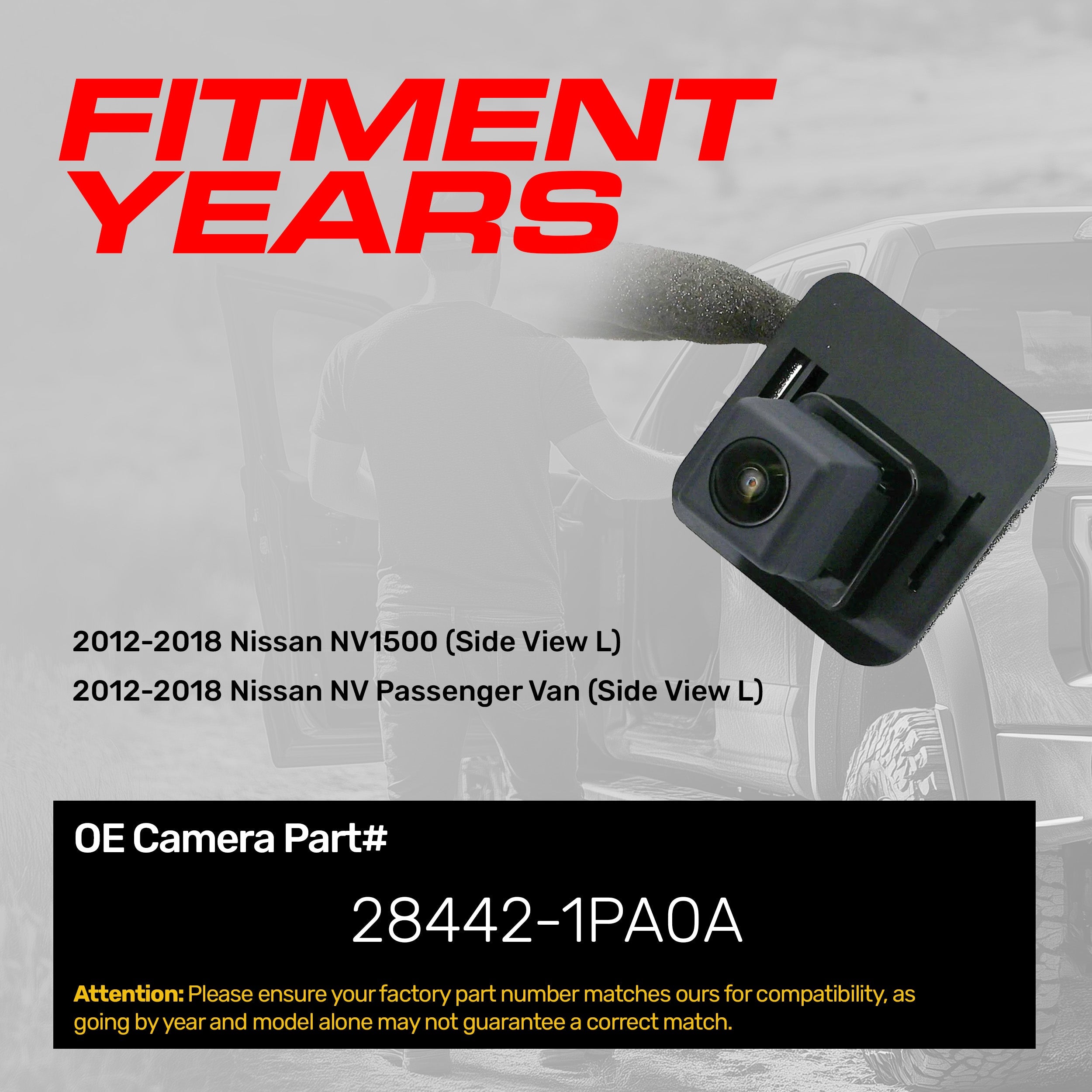 Nissan NV1500 (2012-2018), NV Passenger Van (2012-2018) Left Rear View OEM Replacement Backup Camera OE Part # 28442-1PA0A