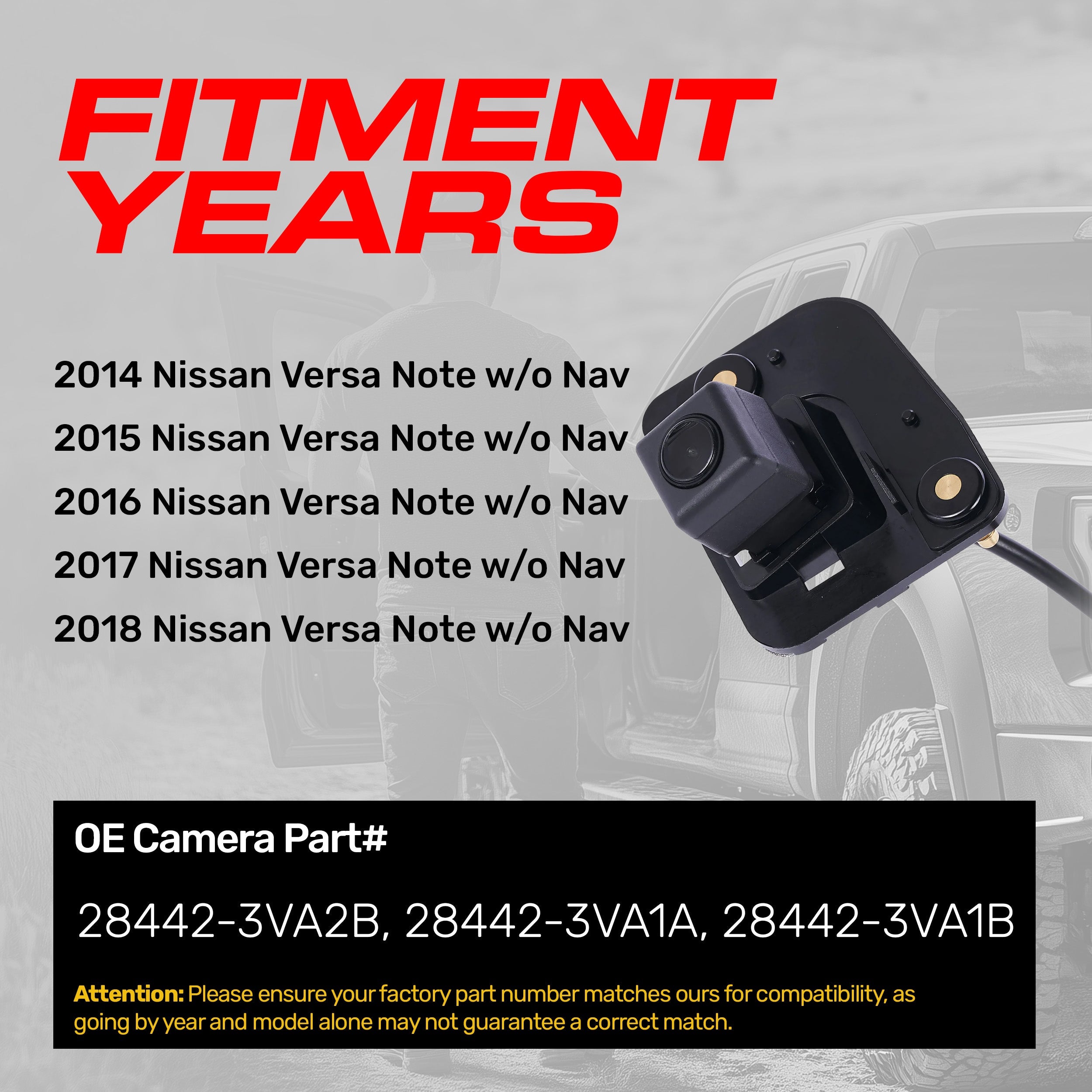 Nissan Versa Note w/o Nav (2014-2018) OEM Replacement Backup Camera OE Part # 28442-3VA2B, 28442-3VA1A, 28442-3VA1B