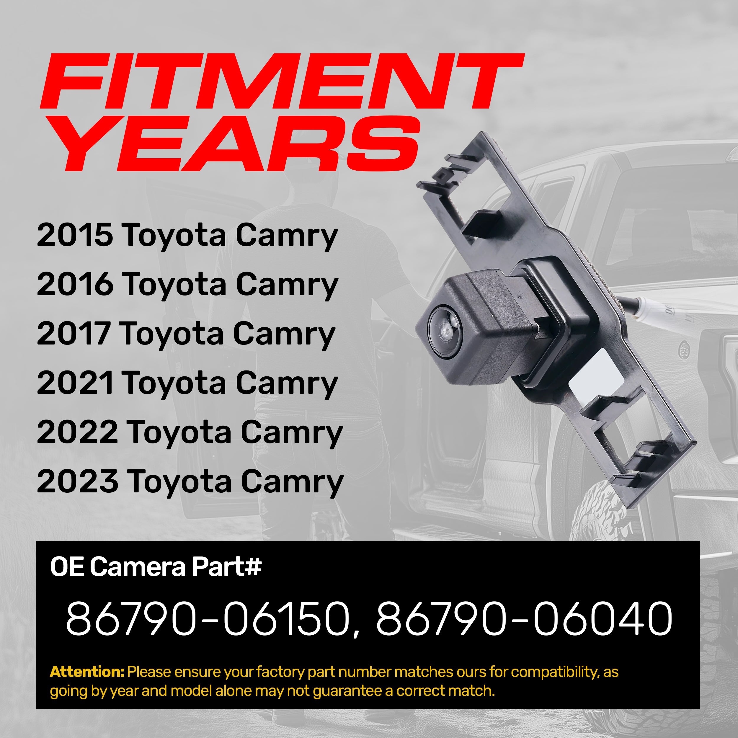 Toyota Camry (2015-2017, 2021-2023) OEM Replacement Backup Camera OE Part # 86790-06040, 86790-06150