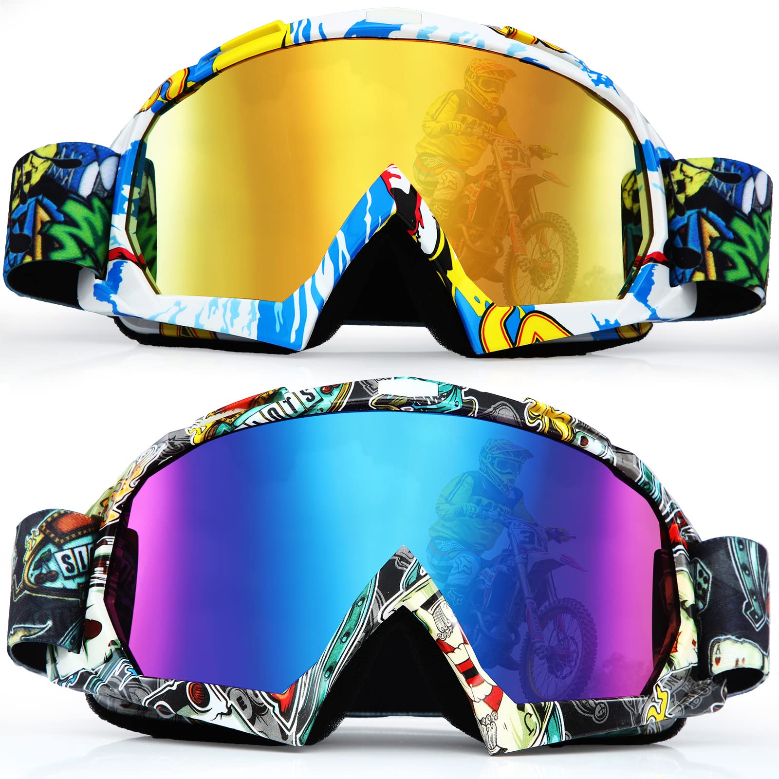 Fiada 2 Pcs Atv Goggles For Adults Dirt Bike Goggles Anti Fog Motorcycle Ski Motocross Glasses For Men Women Riding Racing (Classic)