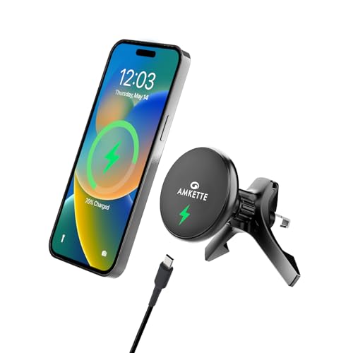 Amkette Igrip Car Wireless Charger With Ultra Stable Air Vent, Hook & Clamp Design, 15W Magsafe Compatible, Magnetic Mobile Hold