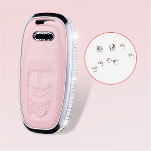 RUABIBAN Audi Key Fob Cover, Pink Genuine Leather with Crystals, Fits A4 A5 A6 A7 A8 Q5 Q7 S3 S4 S5 S6 S