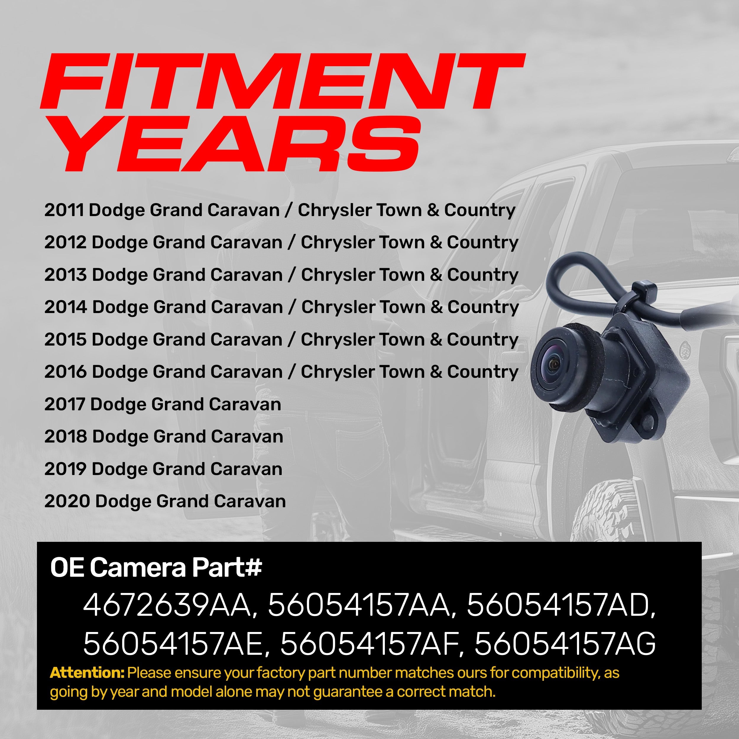 Dodge Grand Caravan (2011-2020) / Chrysler Town & Country (2011-2016) OEM Replacement Backup Camera OE Part # 4672639AA, 56054157AA, 56054157AD, 56054157AE, 56054157AF, 56054157AG