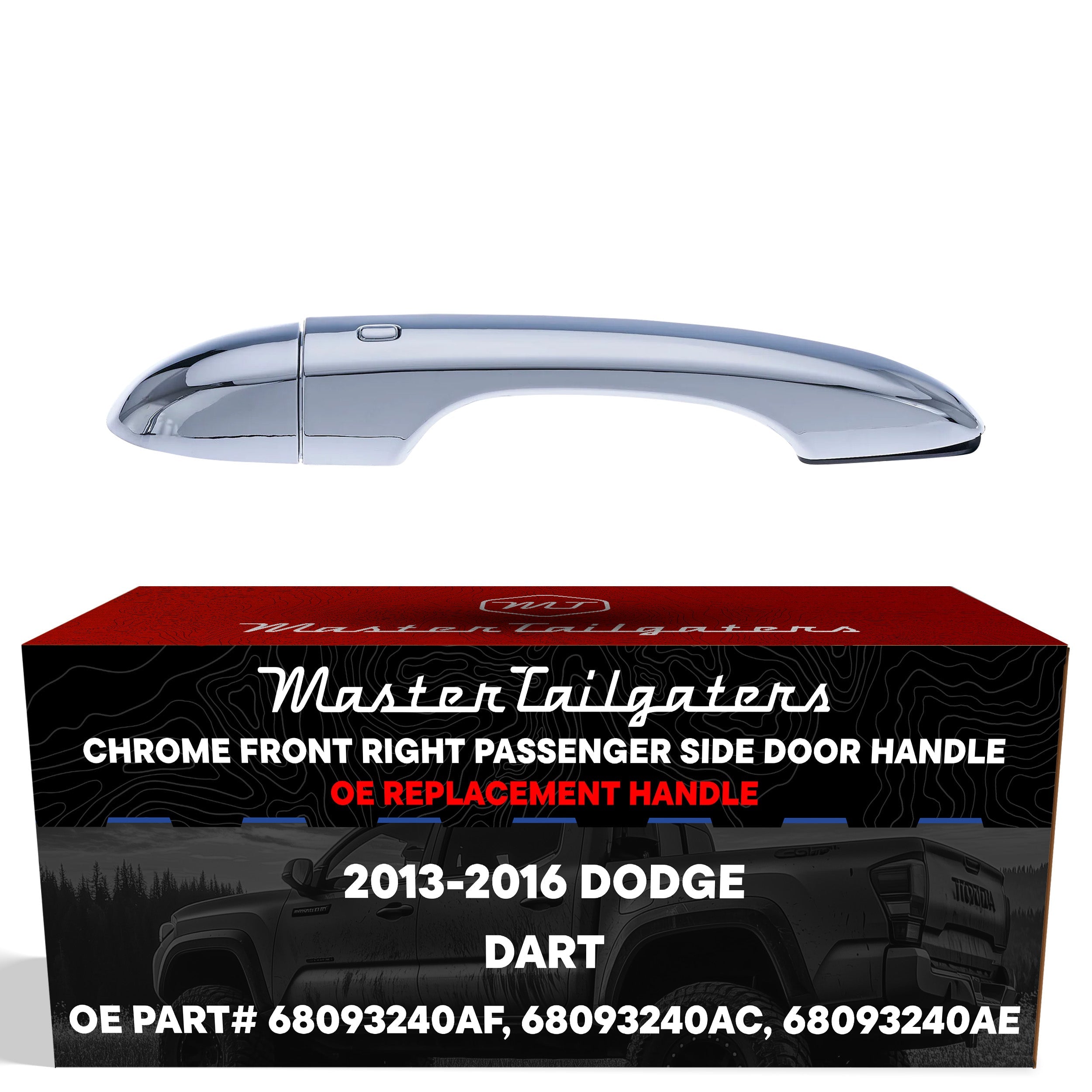 Exterior Door Handle Chrome Replacement for Dodge Dart (2013-2016) OE Part # 68093240AF, 68093240AC, 68093240AE | Front Right Passenger Side w/o Keyhole