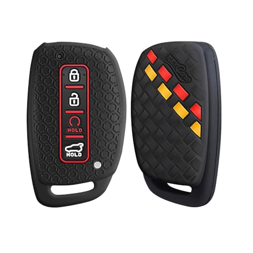 Keycare Silicone Key Cover Compatible For Alcazar And Creta 2021 With 4 Button Smart Key (Black With Red/Black Full Leather Keyh