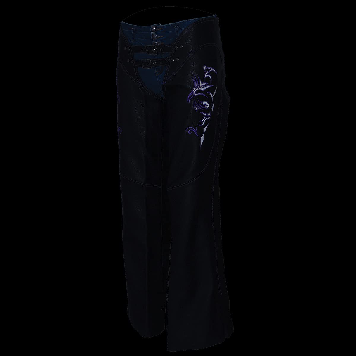 Milwaukee Leather Chaps for Women Black and Purple Low-Rise Waist- Double Buckle Reflective Embroidery Motorcycle Chap- ML1187 -