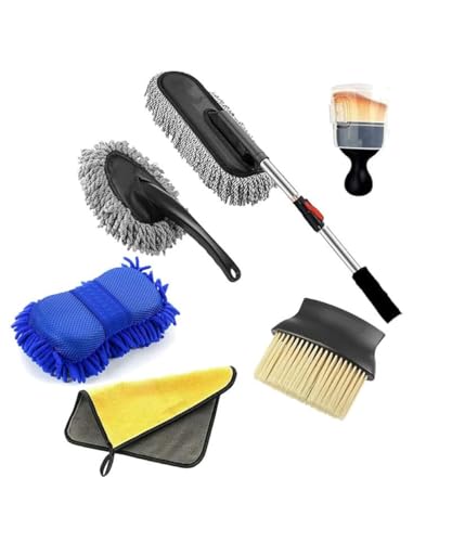 Wagzo 6 Pcs Microfiber Car Duster With Long Handle, Car Sponge, Cleaning Brush, Exteriror And Interiror Car Cleaning Cloth Car