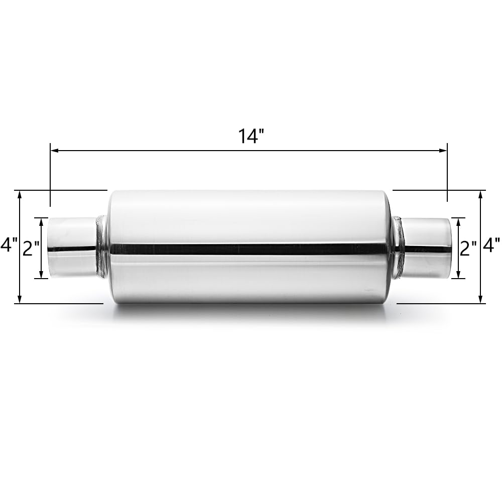 Lcgp 2'' Inlet Universal Resonator, 2'' Outlet 13.77'' Overall Length Stainless Steel High Performance Muffler, Polished, Pass-T