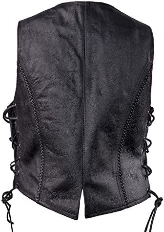 Womens Black Leather Motorcycle Vest With Braid On Front And Back Side Laces (As1, Alpha, M, Regular, Regular)
