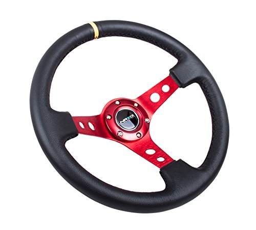 NRG Innovations NRG-RST-006RD-Y Reinforced Steering Wheel - 350mm Sport Steering Wheel (3'' Deep) - Red Spoke with Round holes,