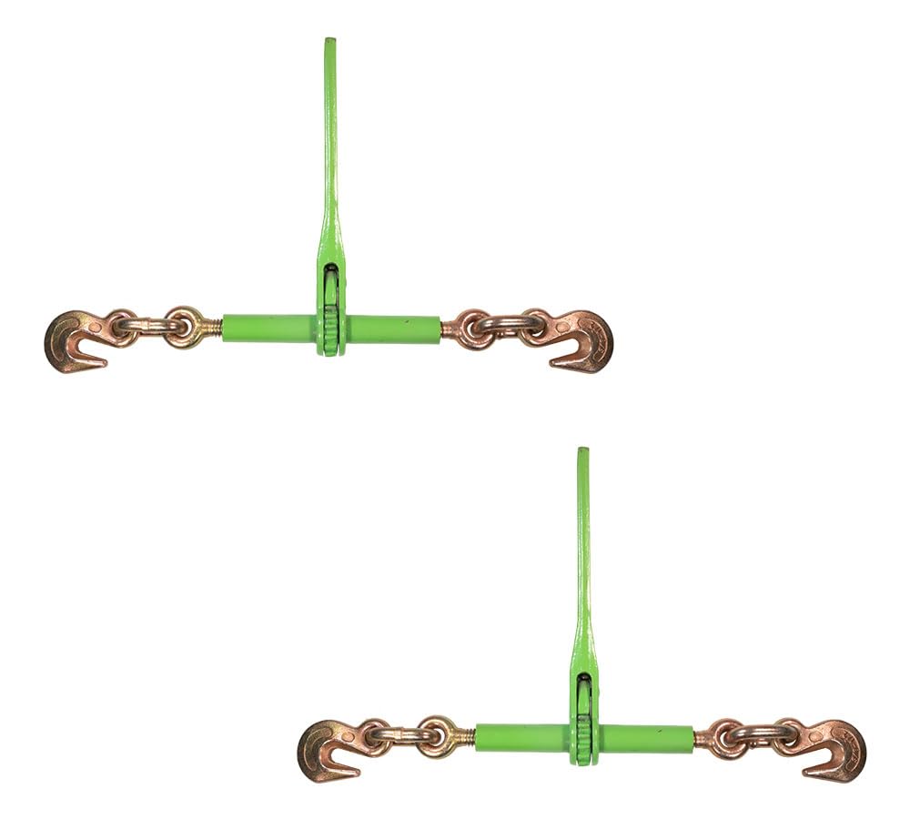 Mytee Products 2 Pack 3/8'' - 1/2'' Hi-Viz Green Heavy Duty Ratchet Load Chain Binder With Grab Hooks - 9,200 Lbs Working Load L