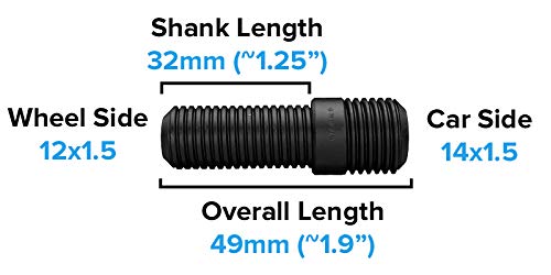 10pcs Black Wheel Stud Conversion - 14x1.5 to 12x1.5, 50mm Total Length, 32mm Shank Length - Compatible with Audi Mercedes Volks
