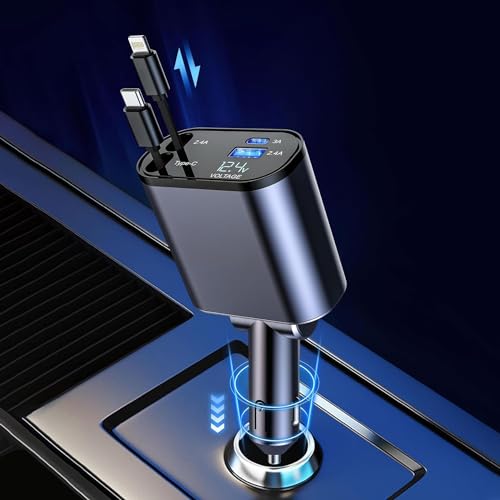 Zurato Retractable Car Charger 4 In 1 Super Fast Car Charger, 120W, 2 Usb Ports Car Adapter Retractable Cables (31.5 Inch), Char