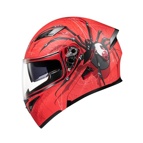 KYPARA Dual Visor Modular Full Face Motorcycle Helmet, DOT Certified, ABS Material, X-Large, Red Spider Design
