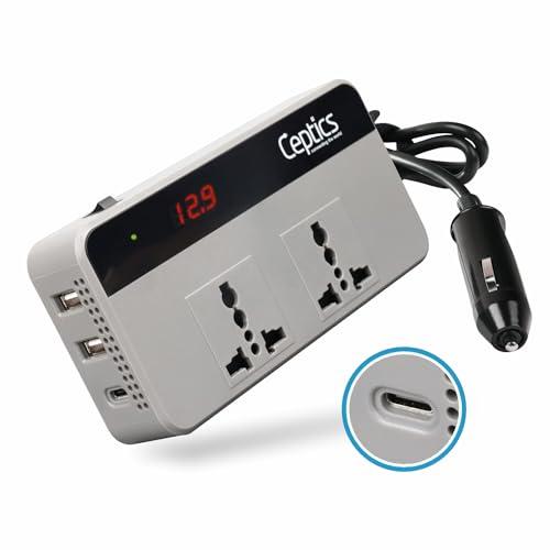 Ceptics 200W Car Laptop Charger/Power Inverter With 2 Usb(3.1A Max) + 1 C Type(1 * 18W Pd) Smart Usb Charging Ports, 12V Dc To 2