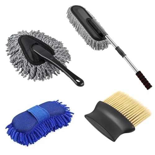 Complete Car Cleaning Kit  ScratchFree Car Brush, Car Sponge, Mini Microfiber Duster & Long Handle Microfiber Duster For Interi