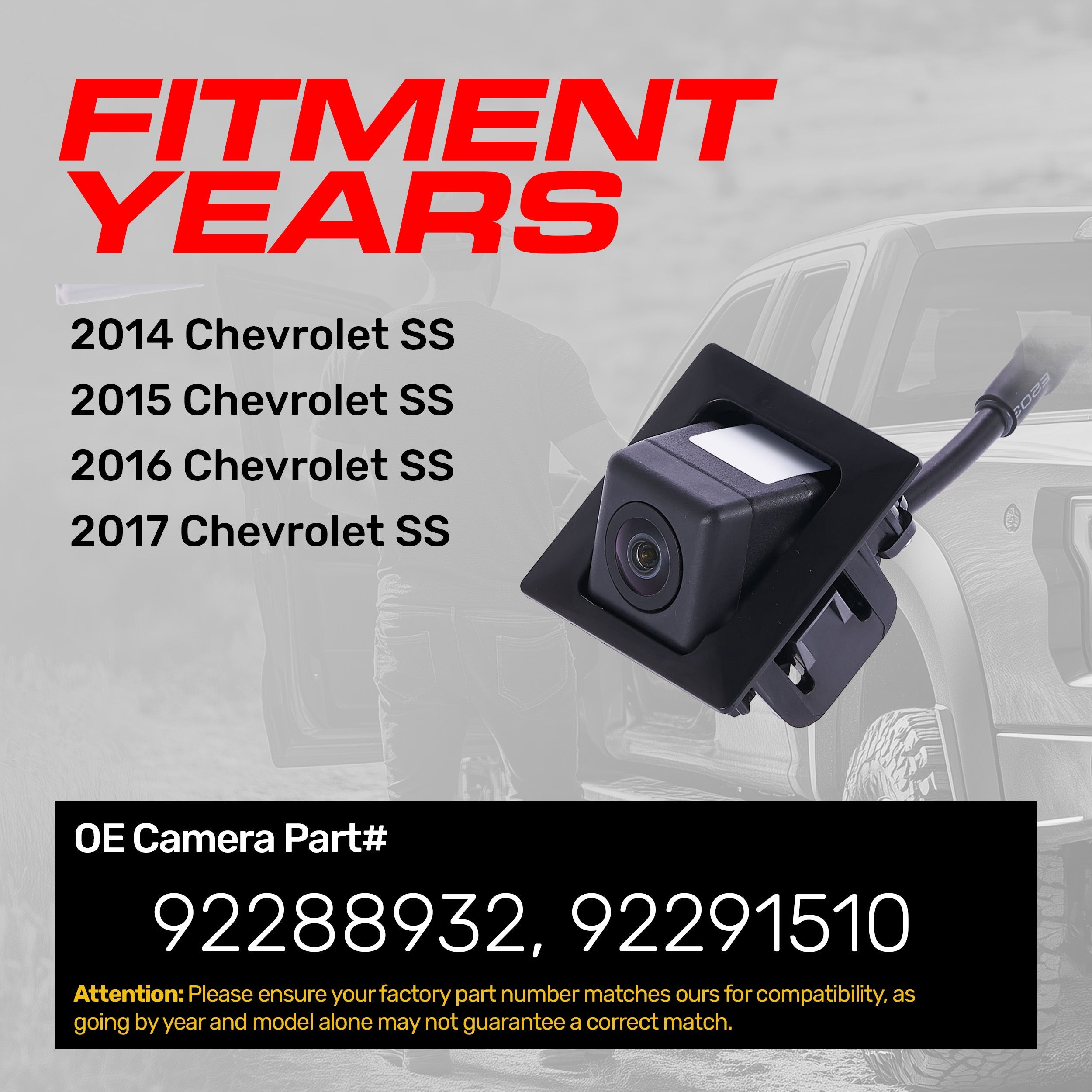 Chevrolet SS (2014-2017) OEM Replacement Backup Camera OE Part # 92288932, 92291510