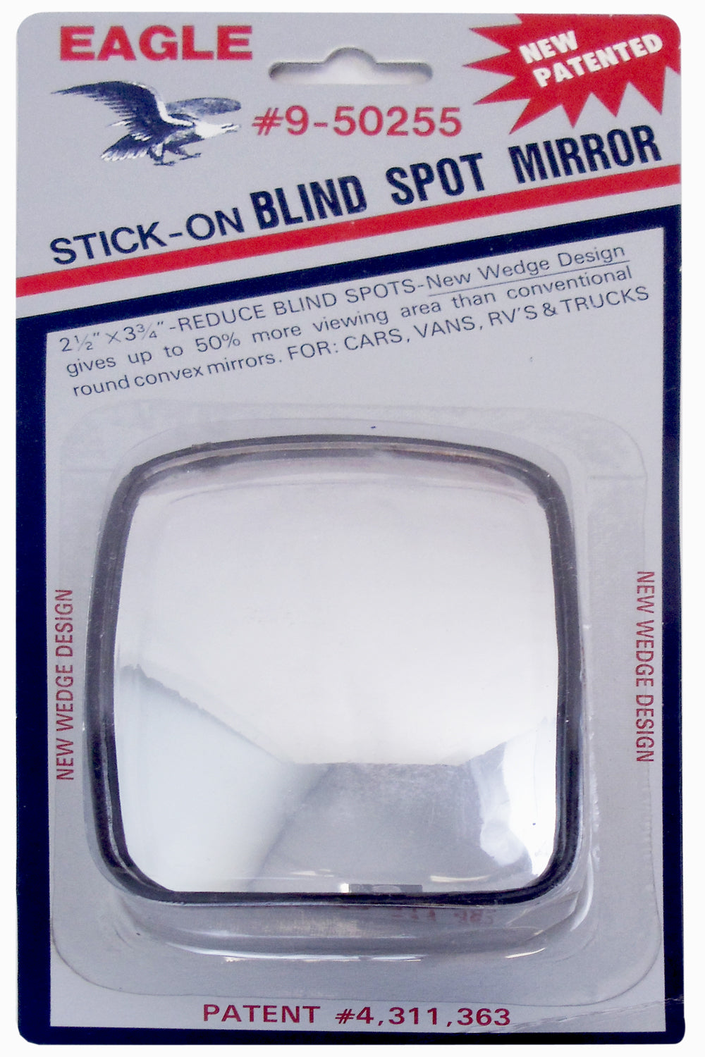 EAGLE 21/2 inch X 33/4 STICKON WEDGE SYTLE BLIND SPOT MIRROR. PROVIDES 50% MORE VIEWING AREA THAN CONVENTIONAL ROUND CONVEX MIRRO
