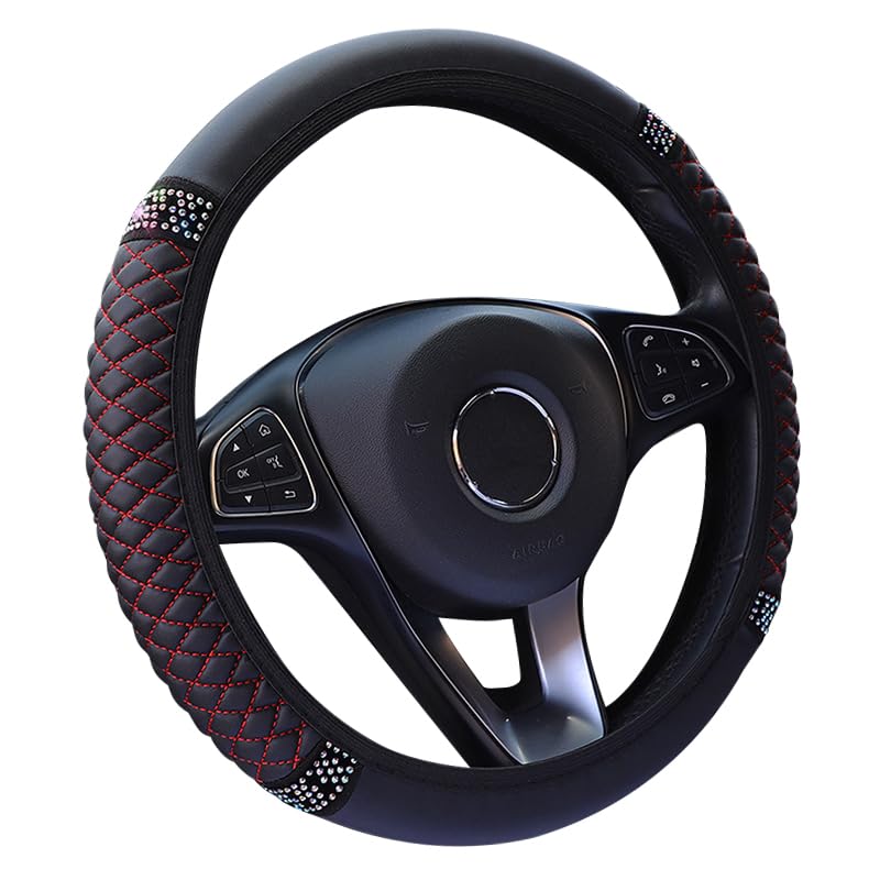 Diamond Leather Steering Wheel Cover,Bling Soft Leather Steering Wheel Cover For Women Girls,Universal 15 Inch Breathable Anti-S