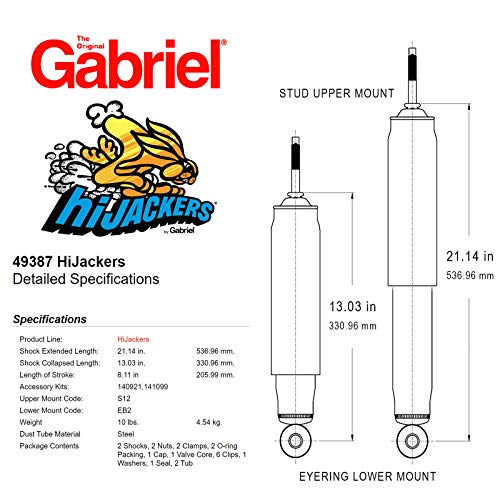 Gabriel HiJackers Adjustable Air Shock Absorbers for 96-02 Toyota 4Runner - Black, Model 49387, (1 Pair)