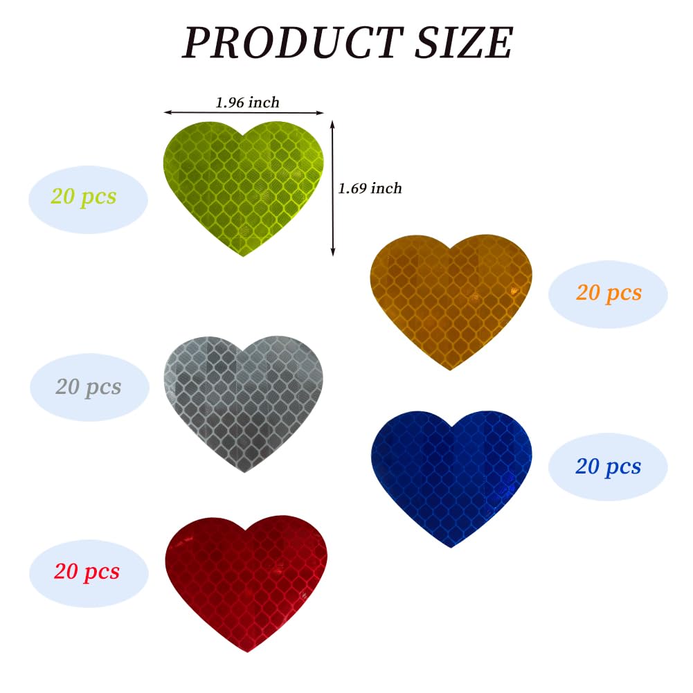100Pcs Warning Reflective Stickers, Reflective Decals Waterproof Reflector Tapes Safety Reflective Stickers Night Visibility Adhesive Stickers For Motorcycle Bicycle Car (Heart-Shaped)