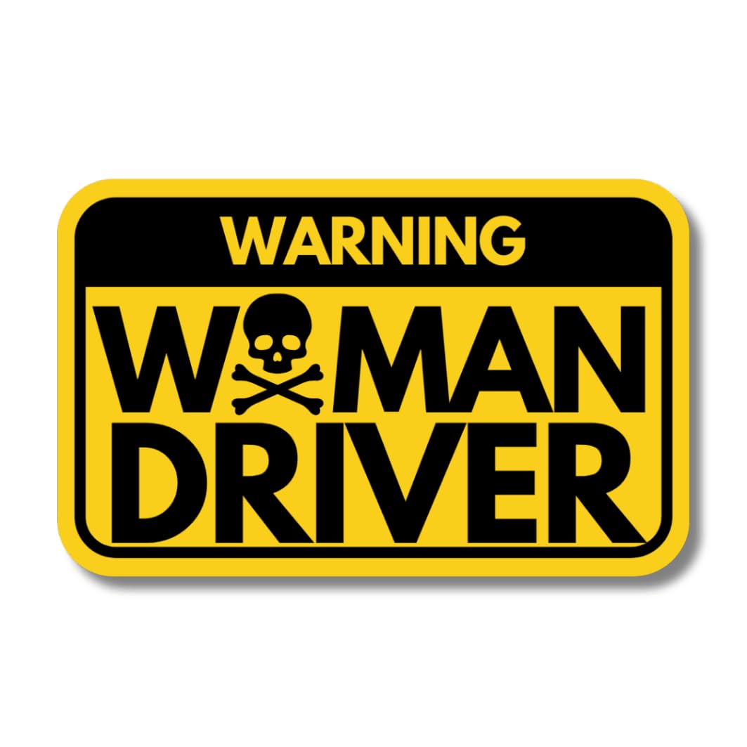Warning Woman Driver Sticker, Yellow And Black, Skull Design, Humorous Car Decal,15 Cms Big, Water Proof, Scratch Resistant, Uv 