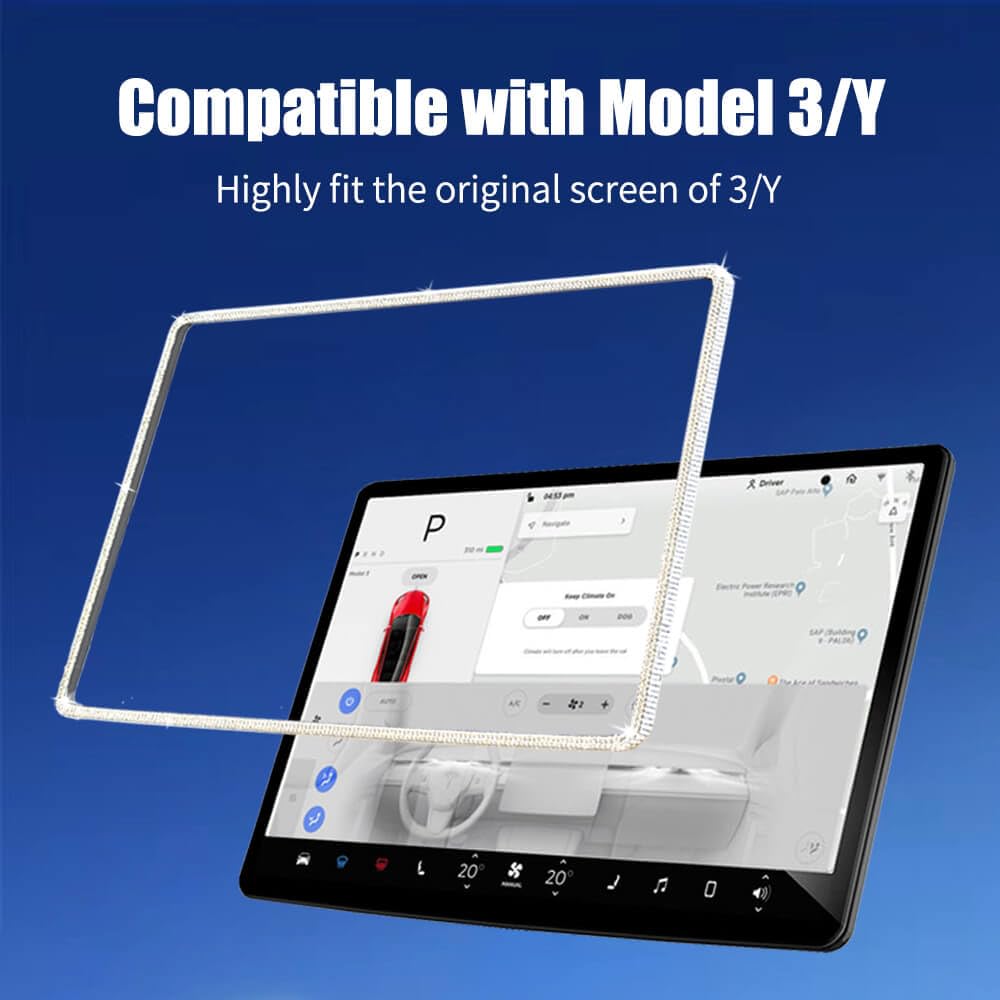 Yeapop Bling Bling Rhinestones Screen Protector for Tesla Model 3 & Y, Silver Glass, 2017-2025