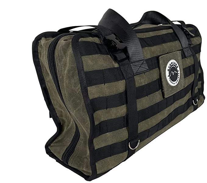 Overland Vehicle Systems Large Recovery Bag With Handle & Straps - #16 Waxed Canvas Storage - Infused With Paraffin Wax Waterproofing - Two Heavy Duty Alligator Buckles And Industrial Nylon Handle