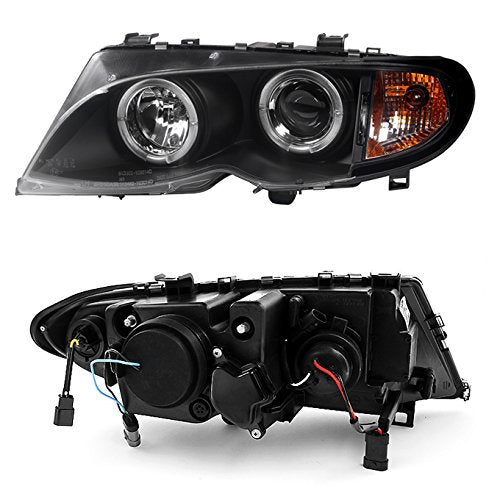 AKKON Black Halo Ring LED Projector Headlights for 2002-2005 BMW E46 3-Series Sedan, Halogen Type, Built-In Corner Lights