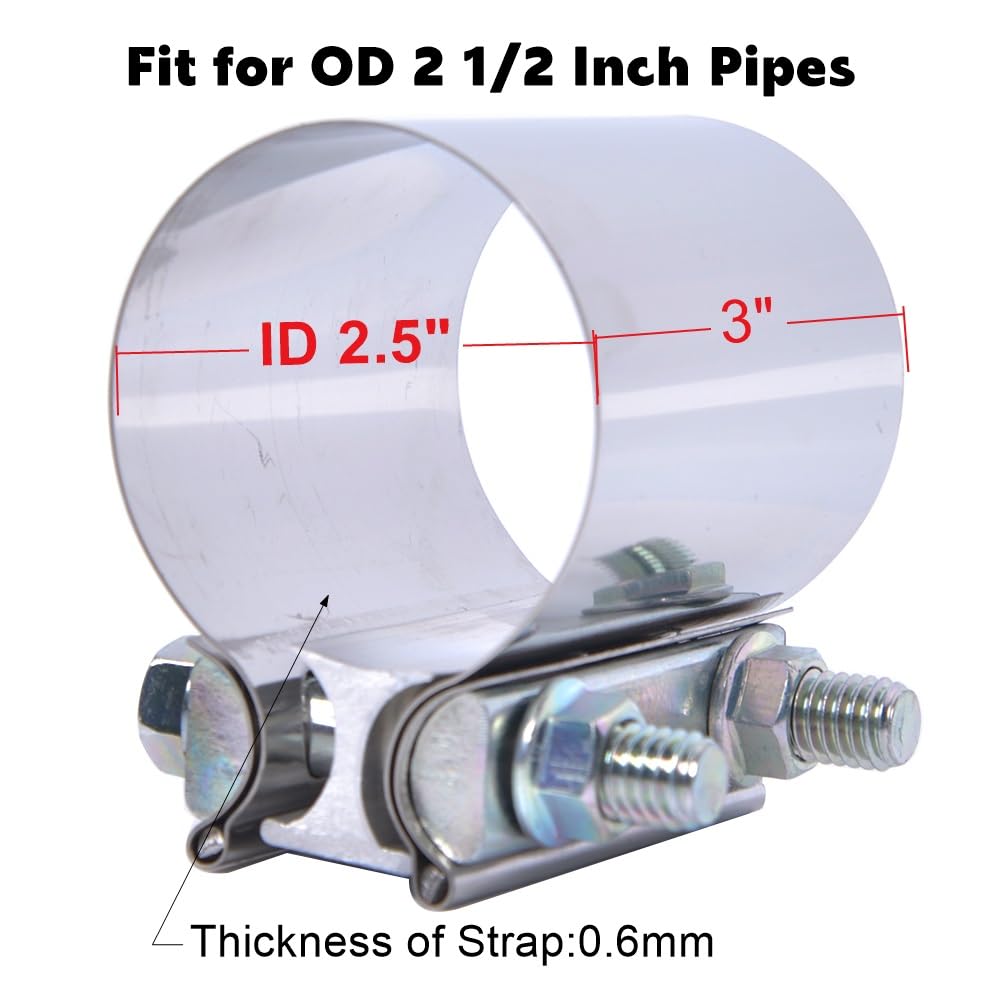 Elifecenter 2.5 inch Exhaust Clamps, 2 1/2 Inch Exhaust Lap Joint Butt Clamps, T304 Stainless Steel Band Clamp w/High Grade Bolt