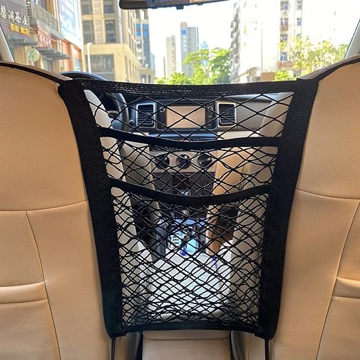 Car Seat Storage Net Organizer, Black Mesh Between Seats Barrier, Universal Fit, Holds Phones Bottles, Easy Installation With Ho