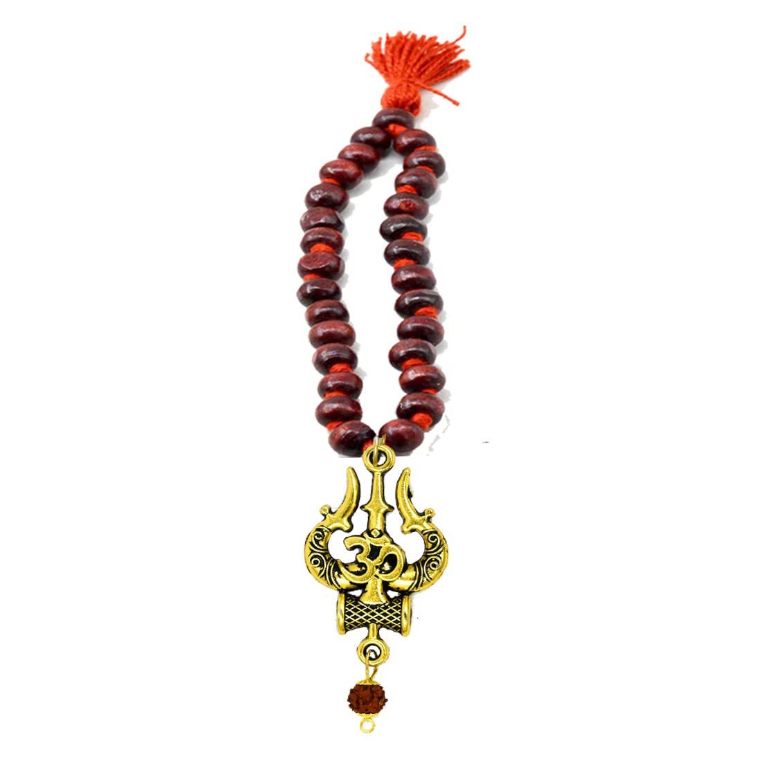 AFH Lord Shiv Trishul Damru Om Symbols Rudraksha Gold Brass Stainless Steel Car Mirror Charm Decorative Hanging Ornament with At