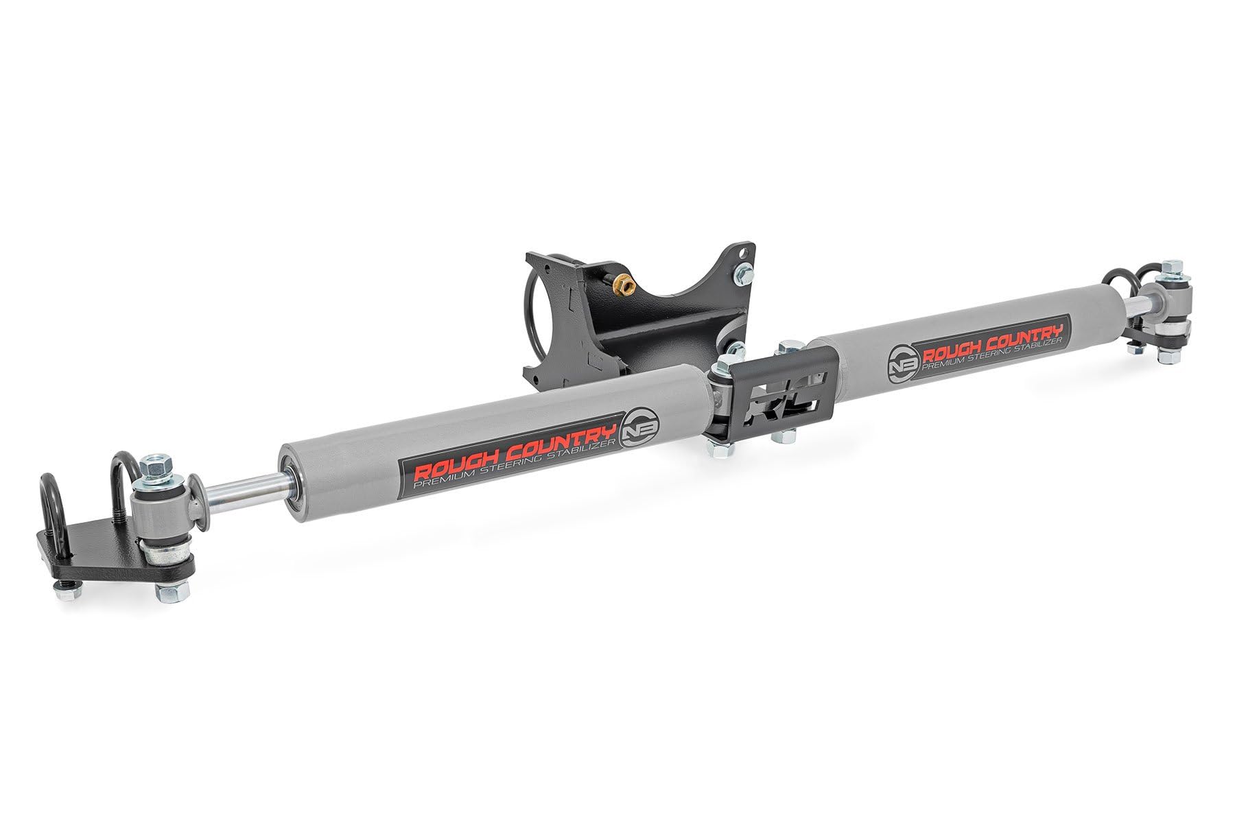 Rough Country N3 Dual Steering Stabilizer - Alloy Steel, Metallic Silver, Model 8749130 for 05-24 Ford Super Duty