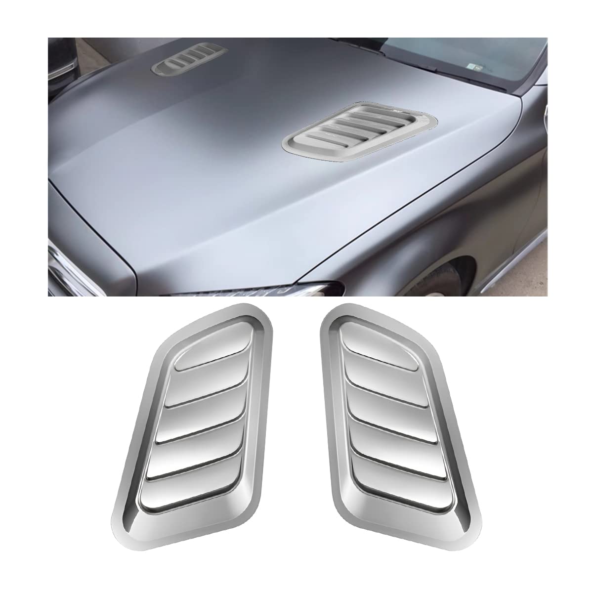 Blilo Car Hood Vents, 2Pcs Universal Hood Air Vents For Car Hood Scoop, Bonnet Vent Hood Air Intake Trim Cover (Silver)
