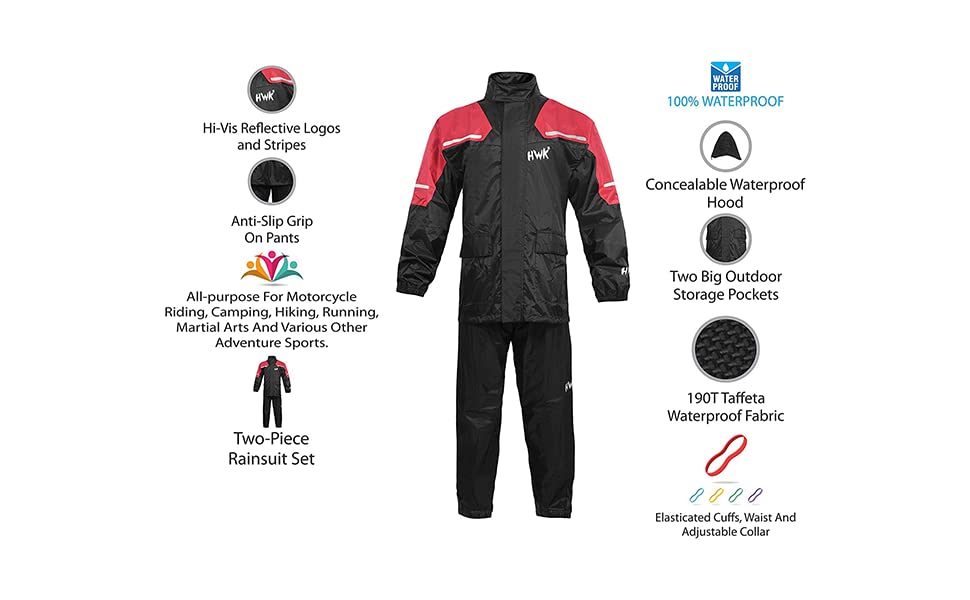 HWK Motorcycle Rain Suit - Waterproof Two-Piece Gear, Reflective Jacket & Pants, 3X-Large, Red, Model R-1