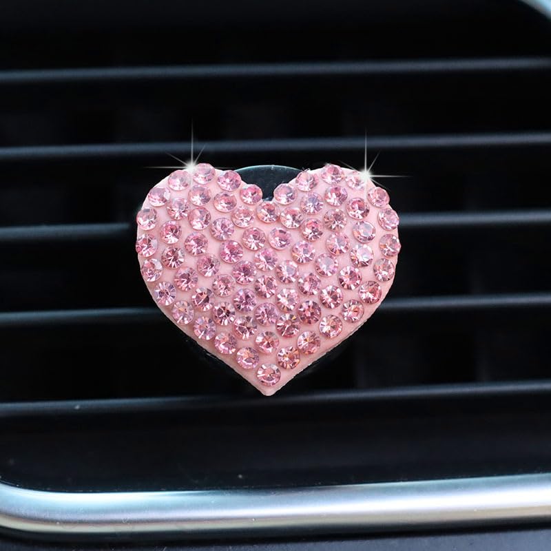 2Pcs Bling Crystal Cute Heart Charms Air Vent Clips - Pink Rhinestone Car Decoration